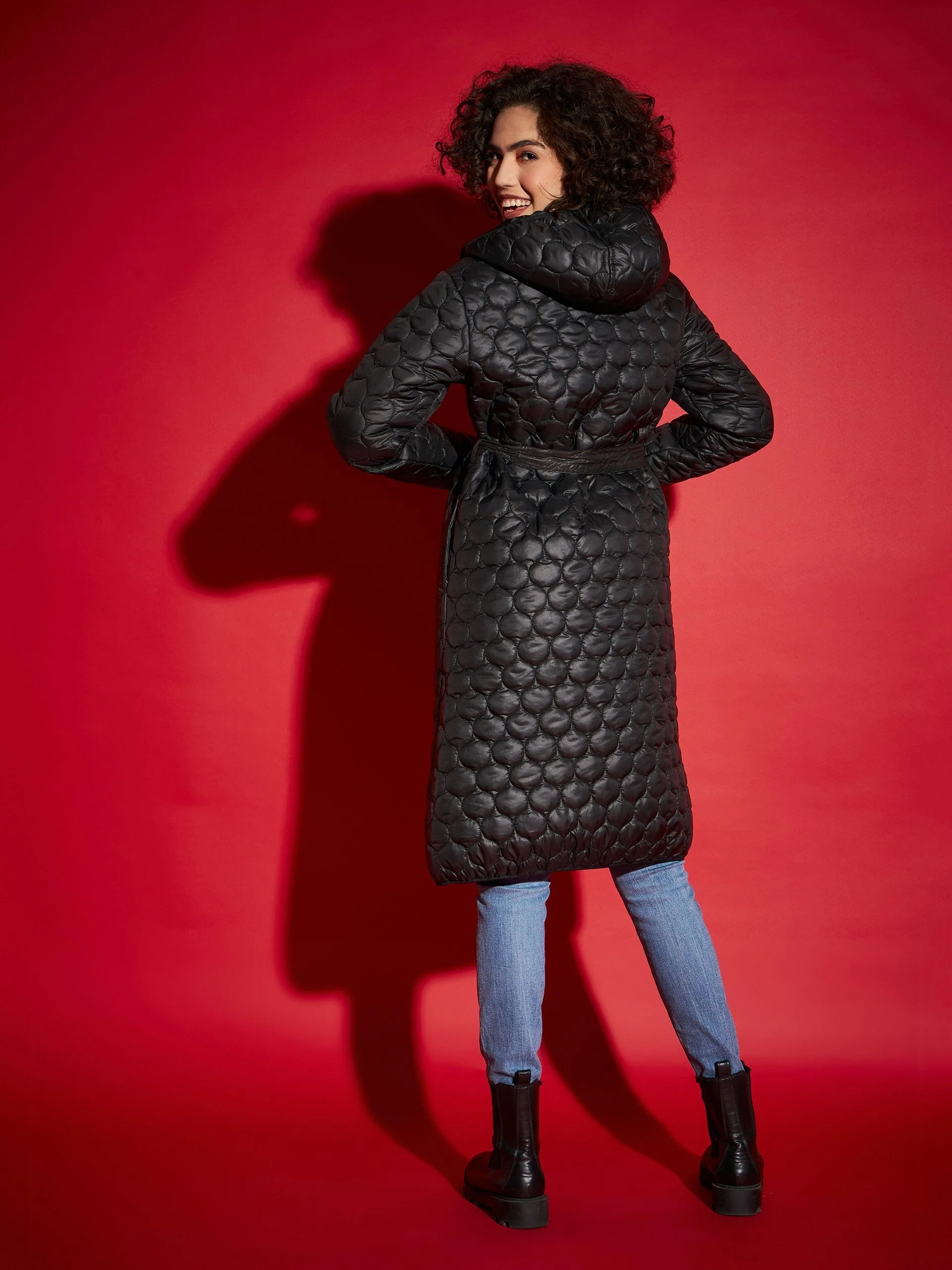 Women Black Hooded Longline Puffer Jacket - Image 5