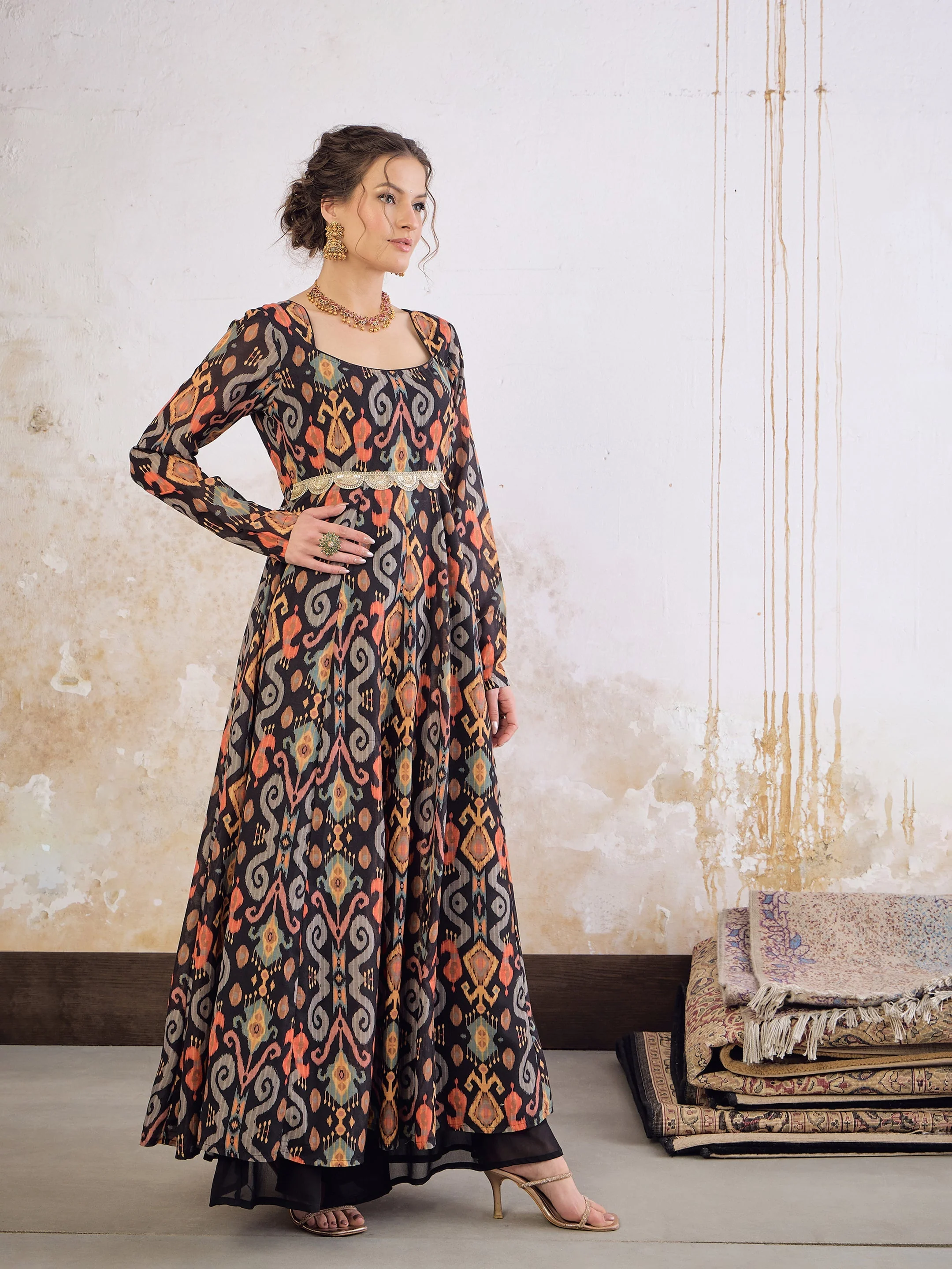 Women Black Ikkat Poly Muslin Anarkali Kurta - Image 3