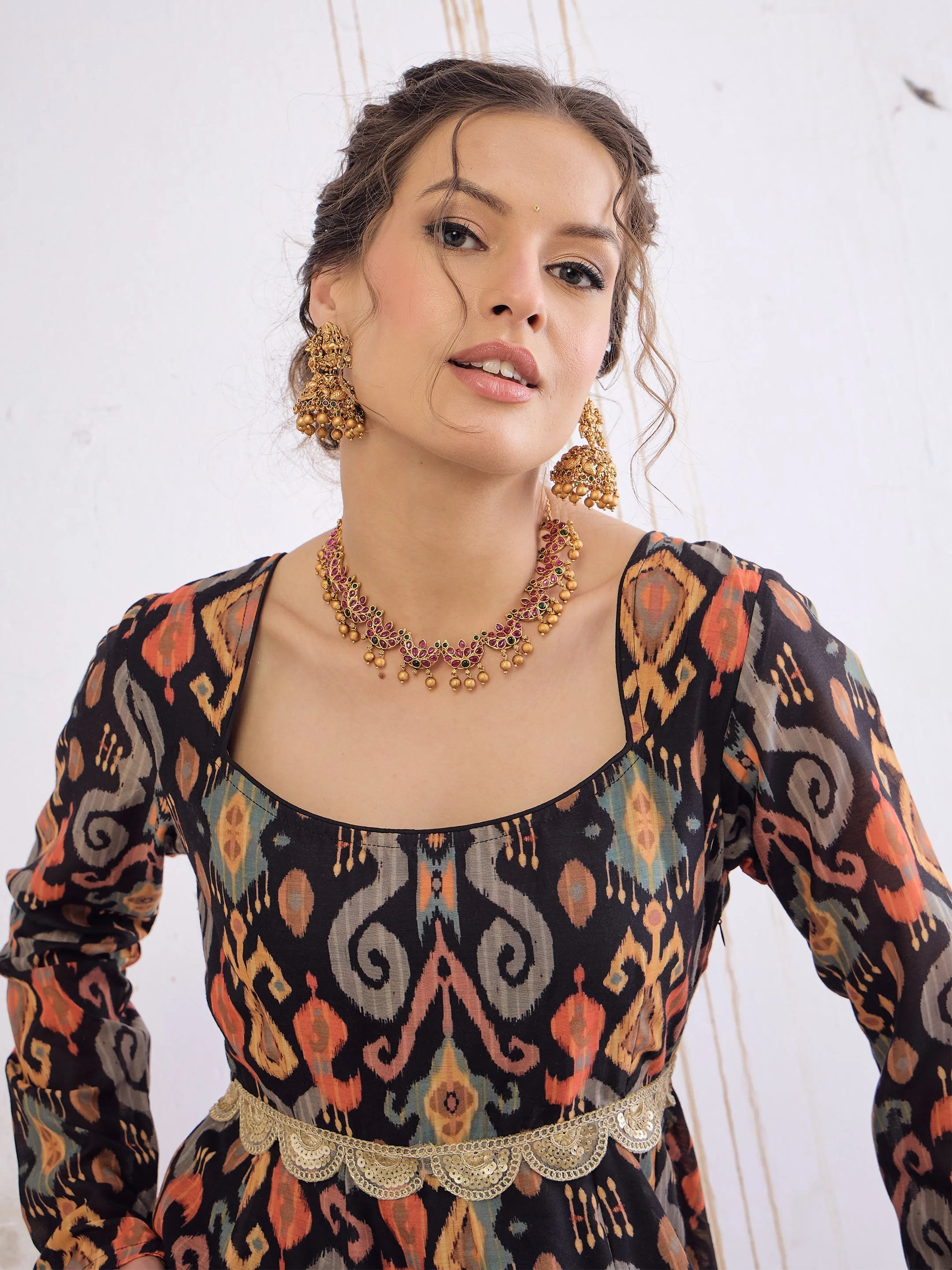 Women Black Ikkat Poly Muslin Anarkali Kurta - Image 4
