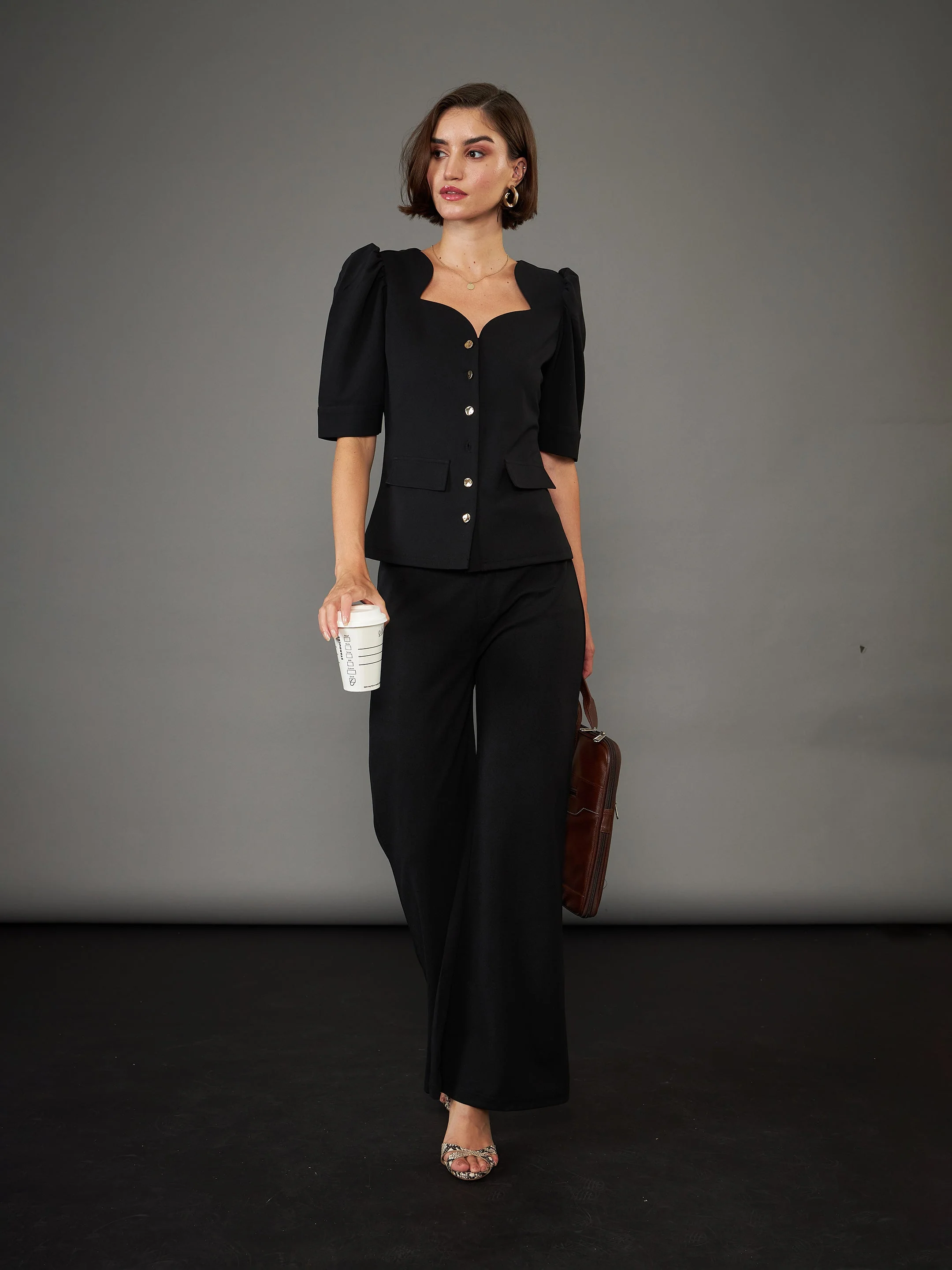 Women Black Knitted Bell Bottom Pants - Image 5