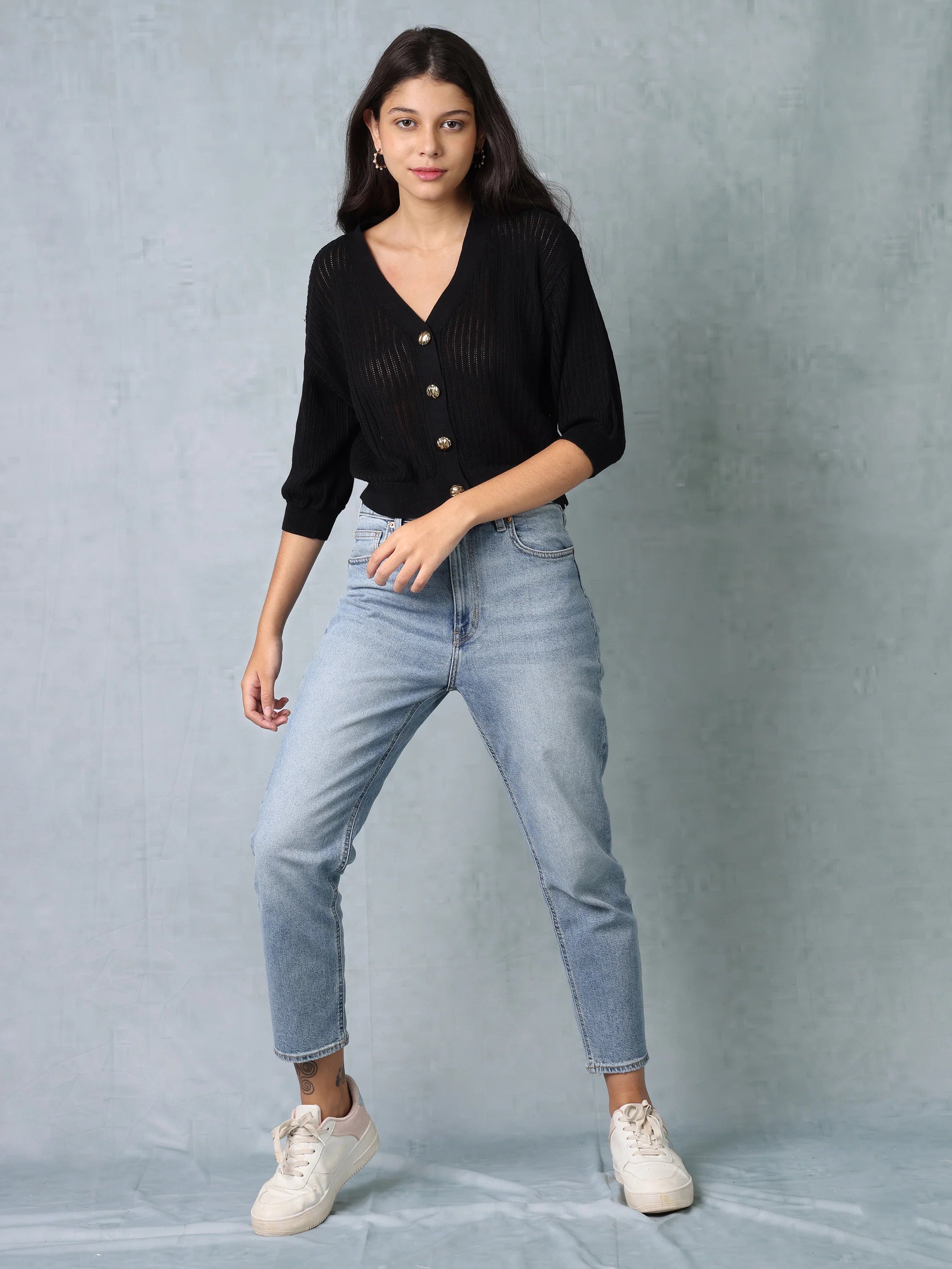Women Black Knitted Crop Top - Image 2
