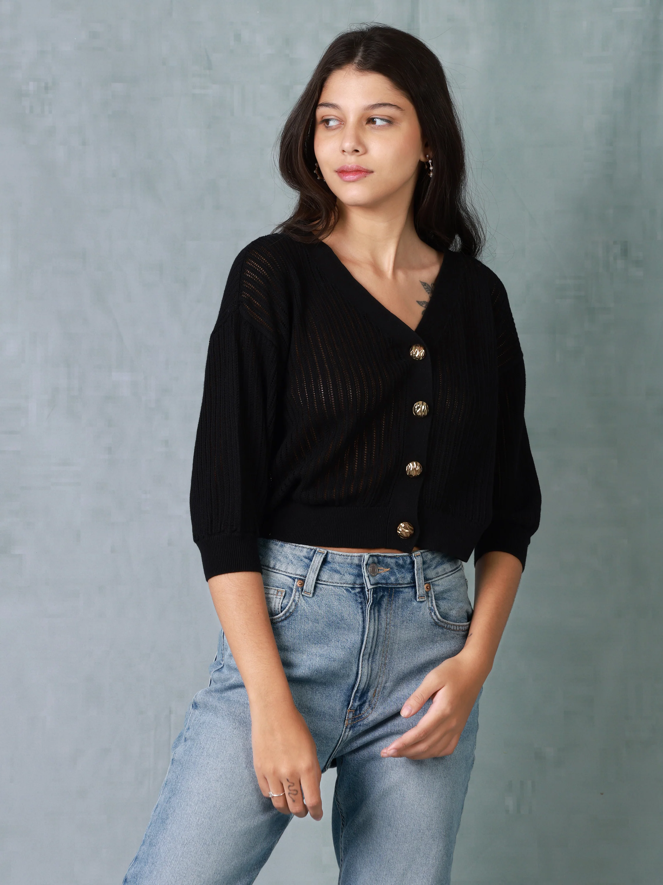 Women Black Knitted Crop Top - Image 3