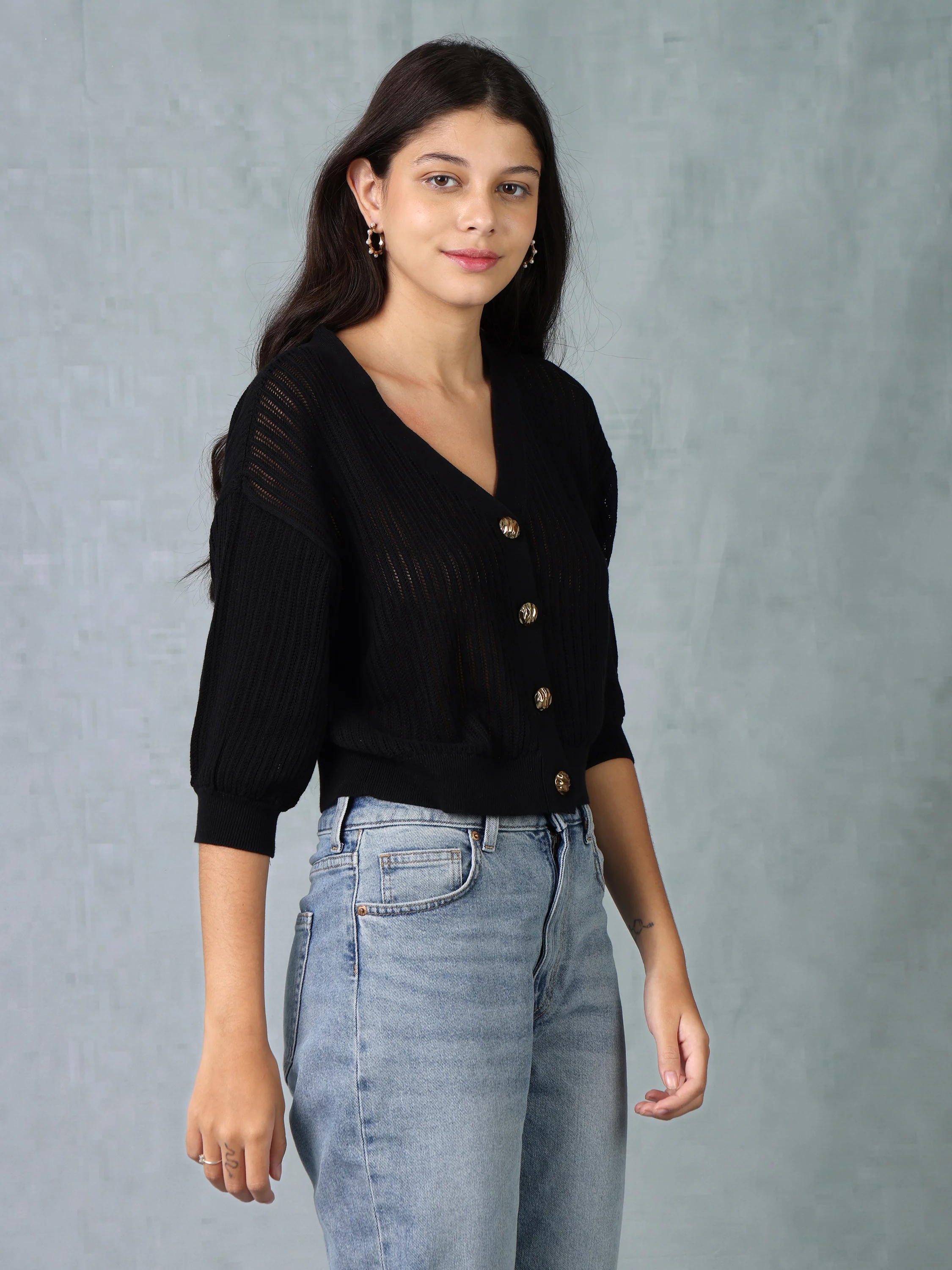 Women Black Knitted Crop Top - Image 5