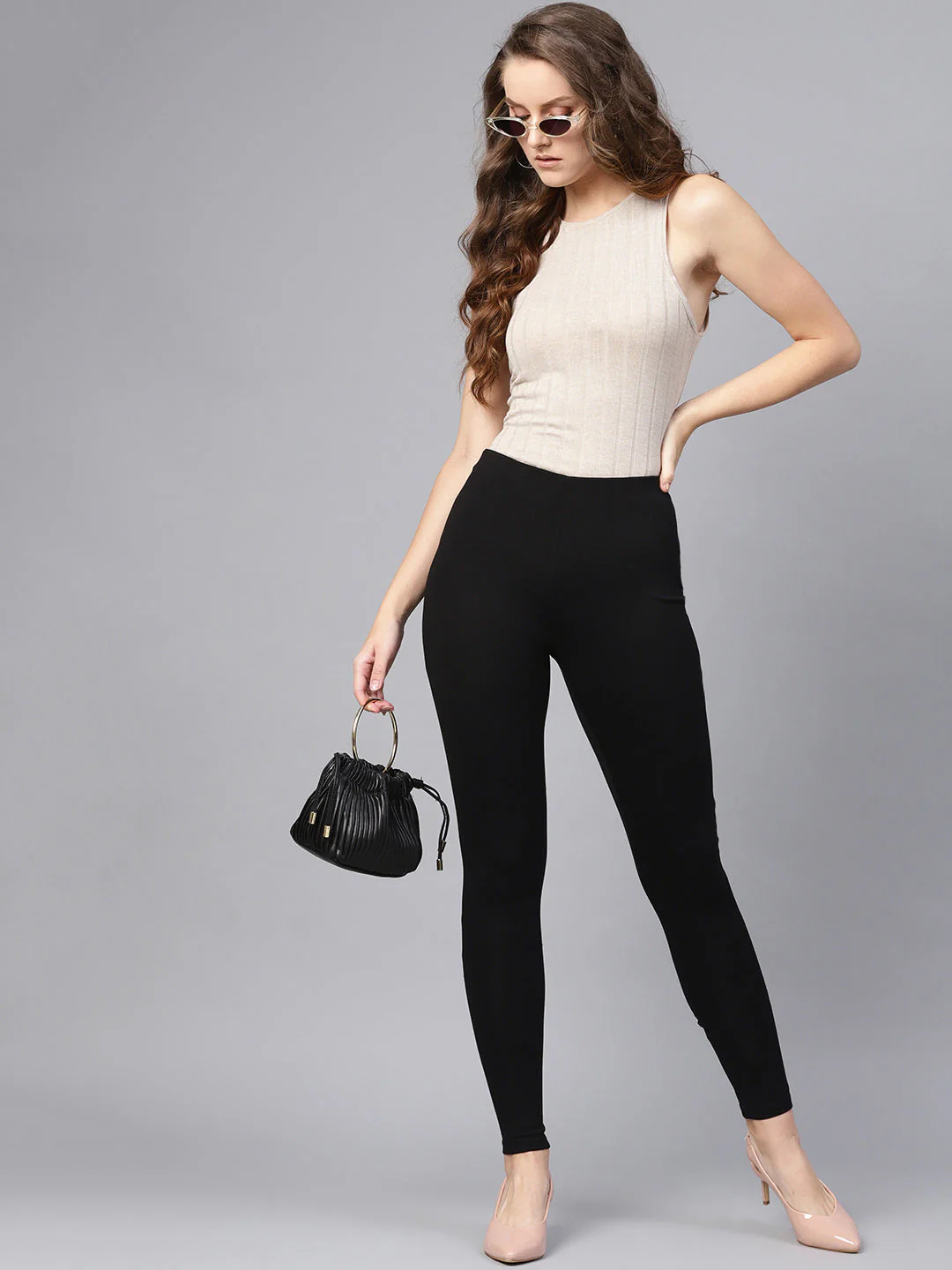 Women Black Knitted Slim Jeggings - Image 5