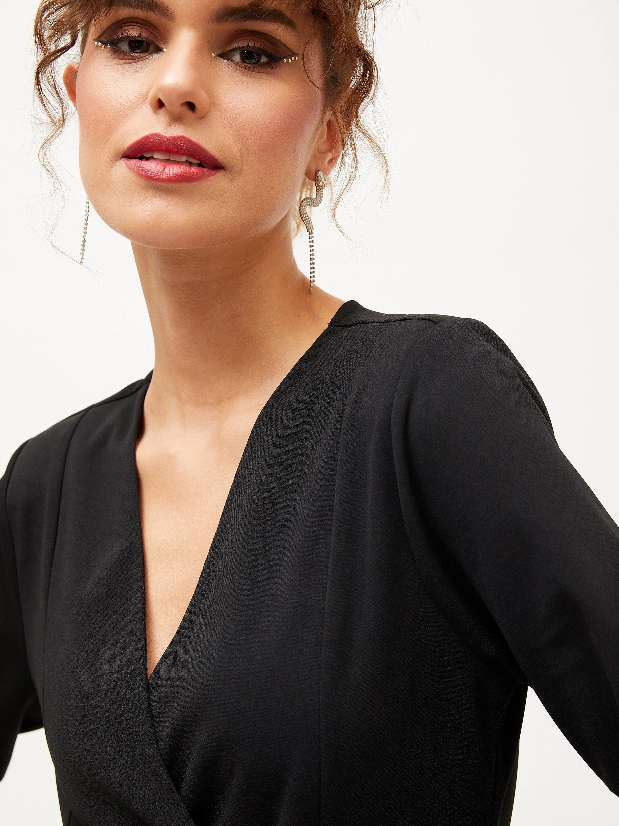 Women Black Knitted Wrap Dress - Image 4