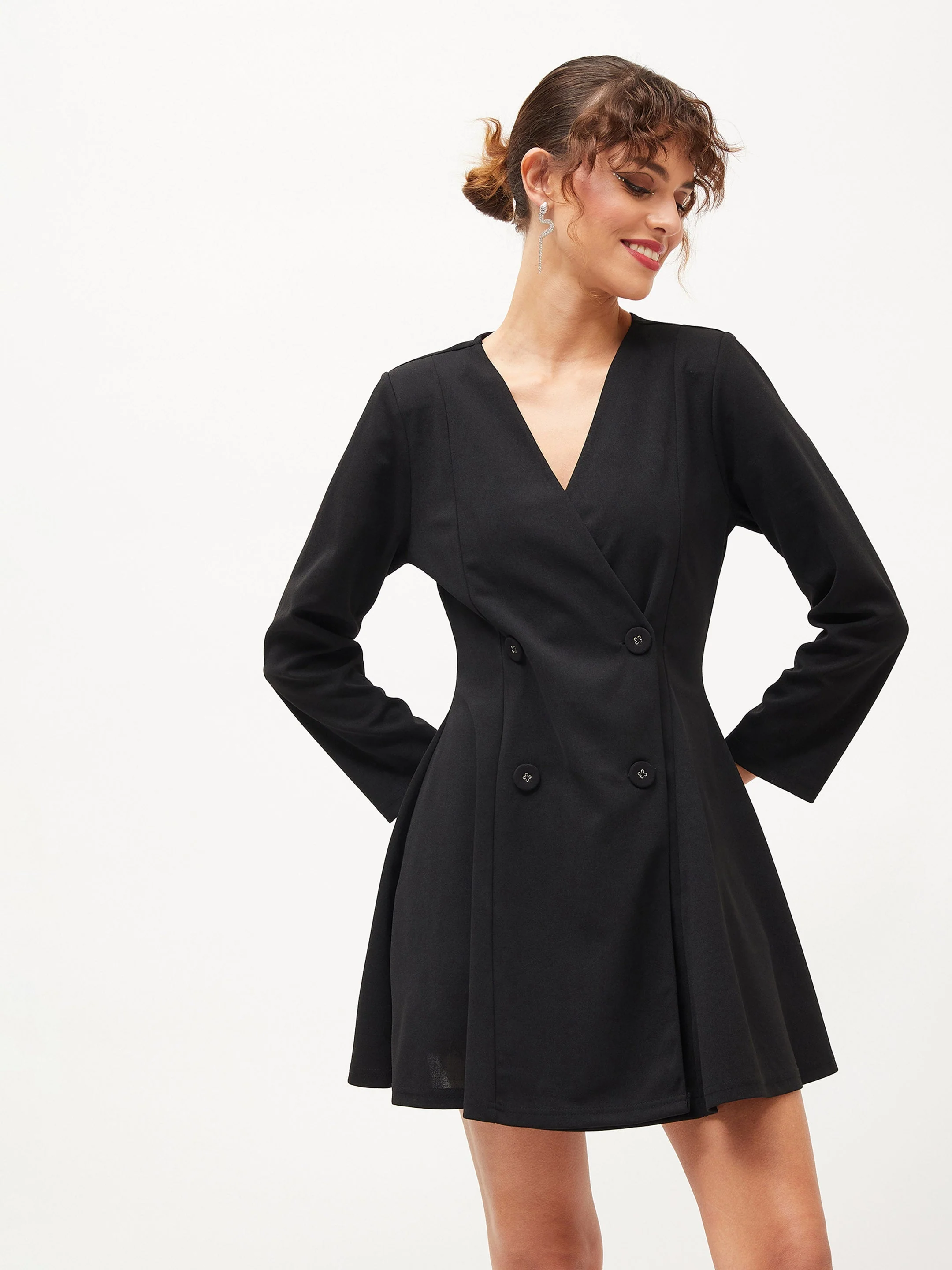 Women Black Knitted Wrap Dress - Image 6