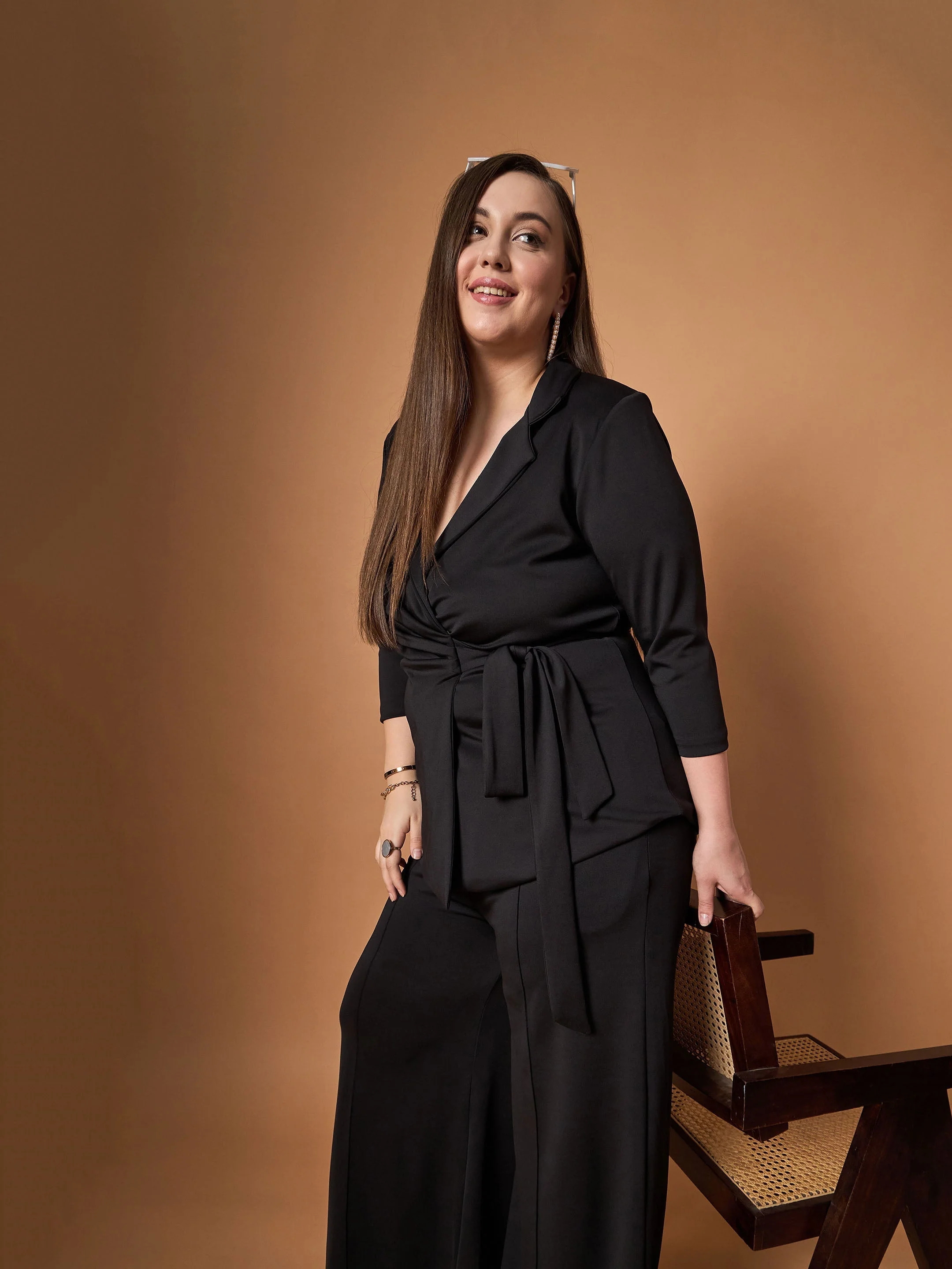 Women Black Knotted Wrap Top With Straight Pants - Image 2