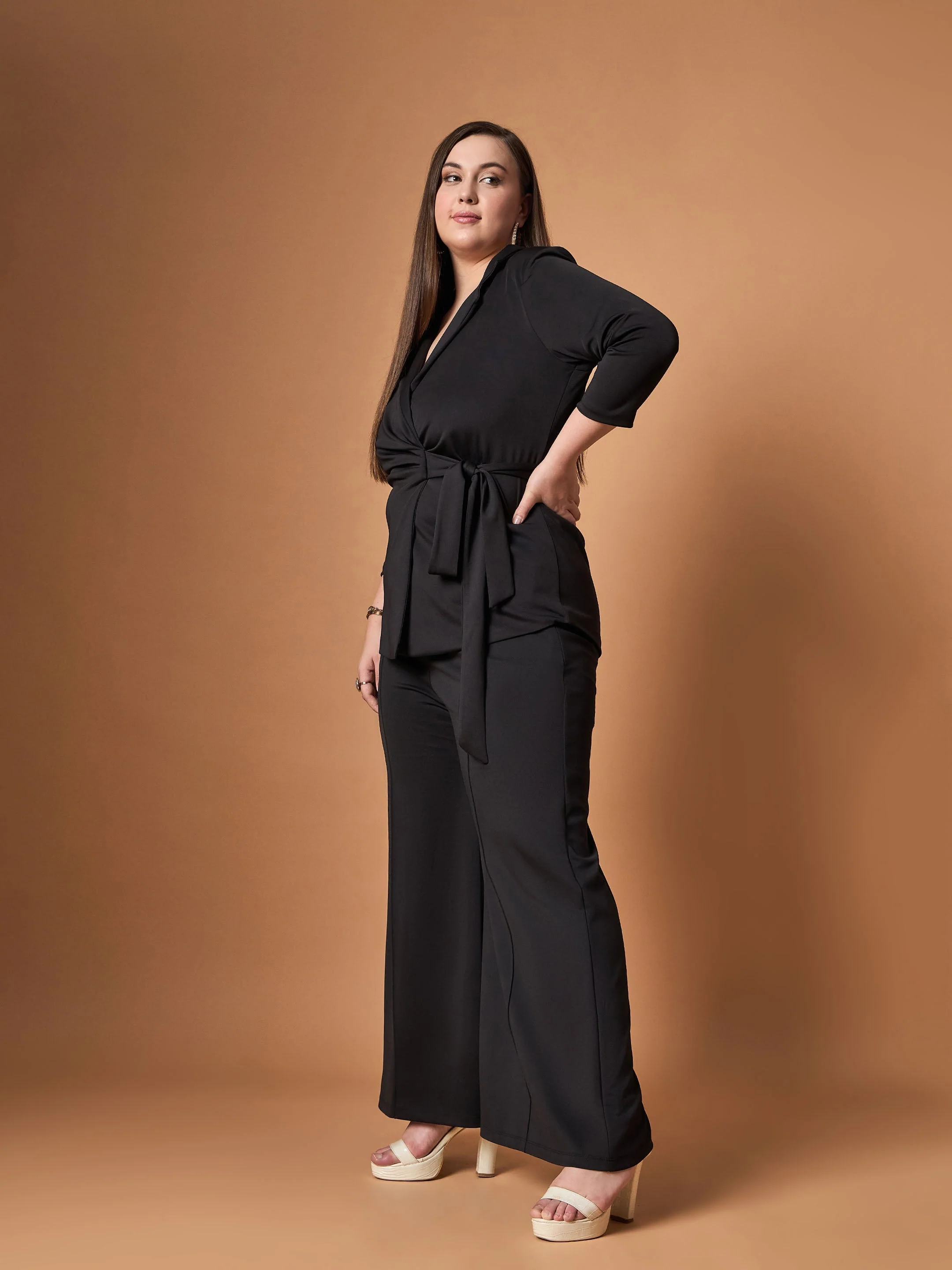 Women Black Knotted Wrap Top With Straight Pants - Image 3