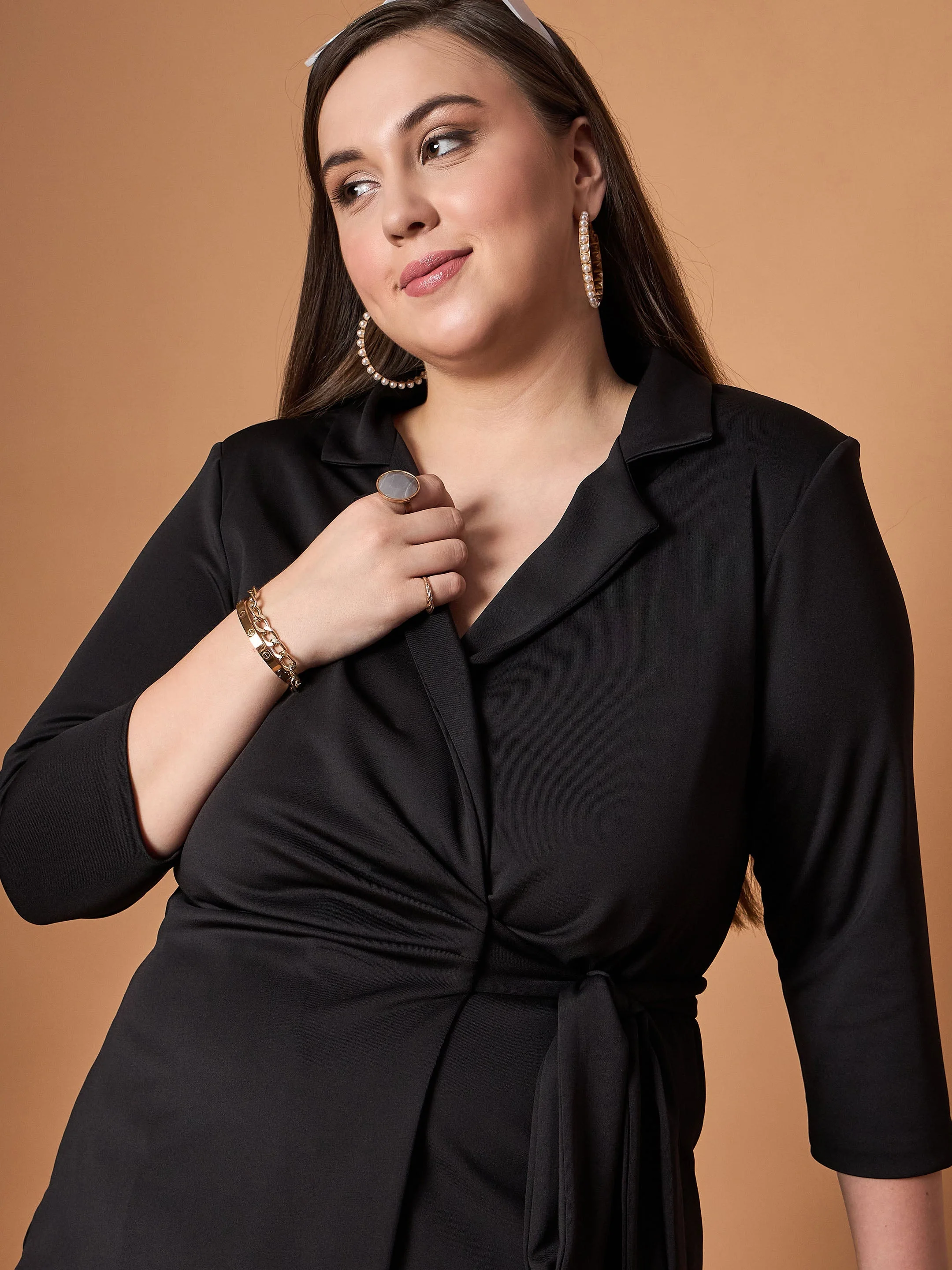 Women Black Knotted Wrap Top With Straight Pants - Image 4
