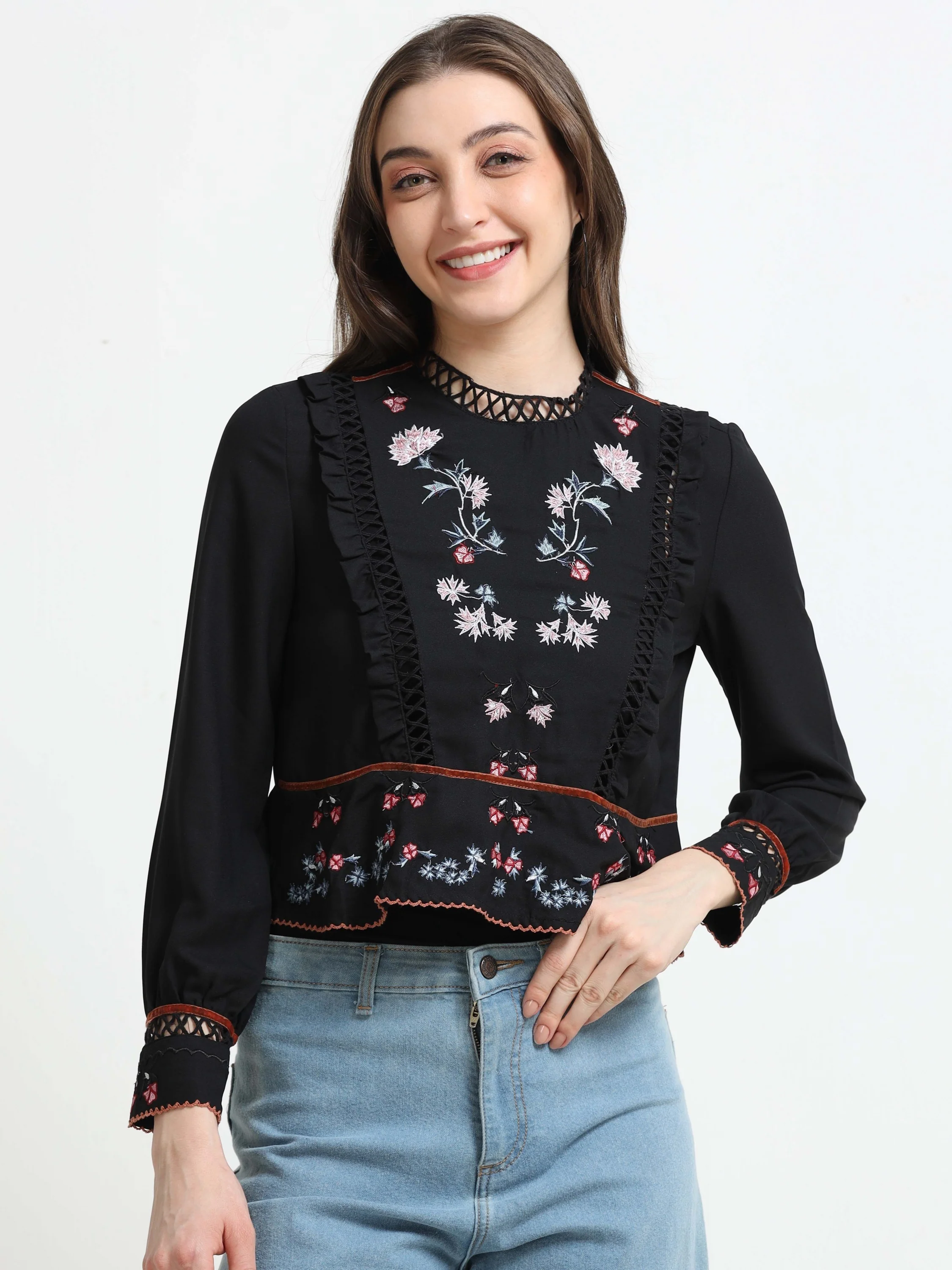 Women Black Lace & Embroidered Party Top - Image 2