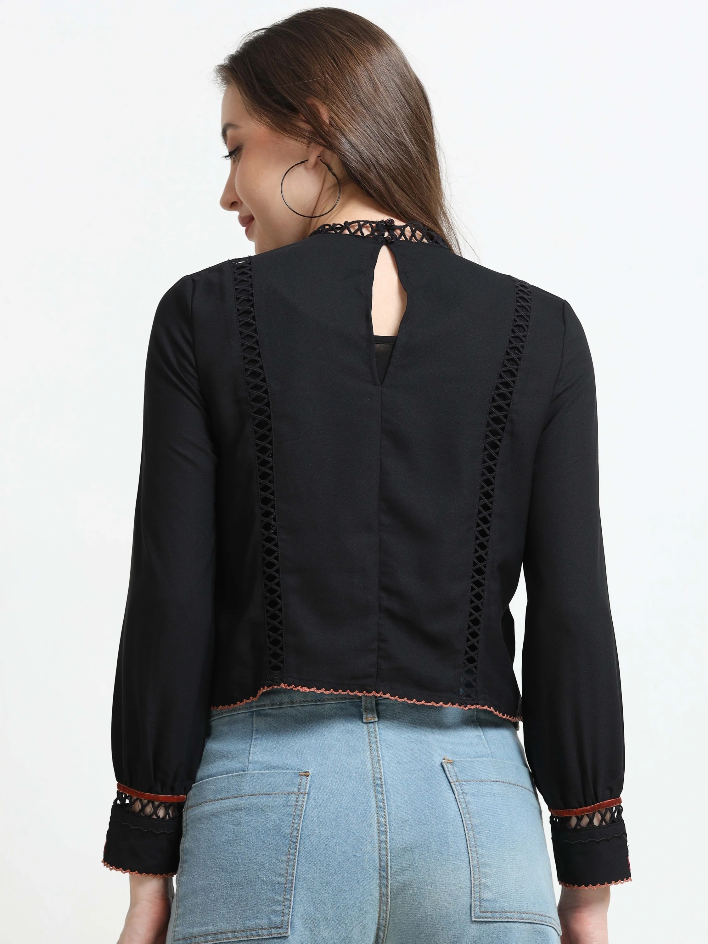 Women Black Lace & Embroidered Party Top - Image 3