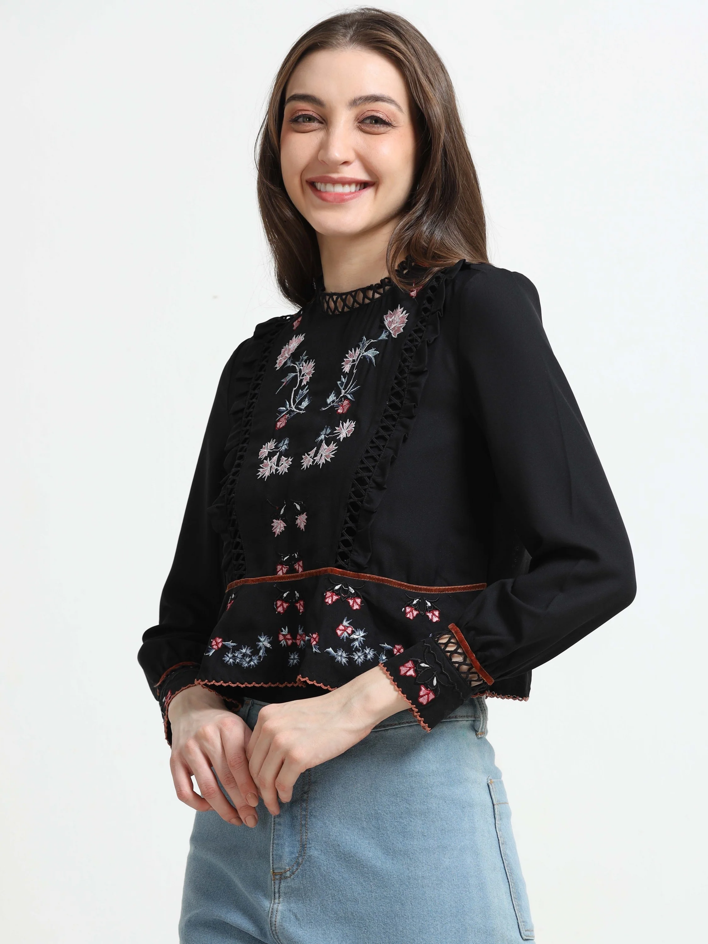 Women Black Lace & Embroidered Party Top - Image 5