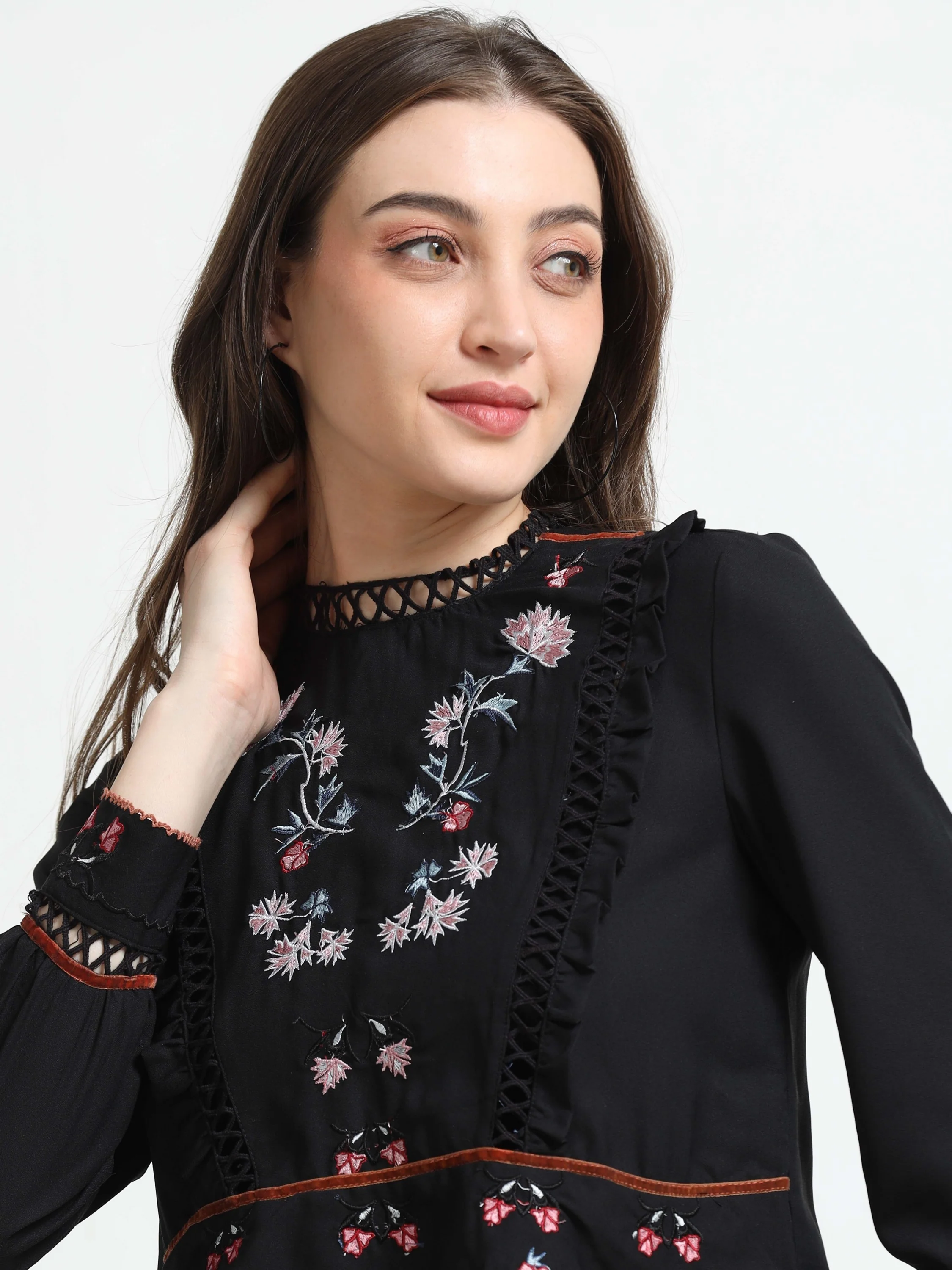 Women Black Lace & Embroidered Party Top - Image 6