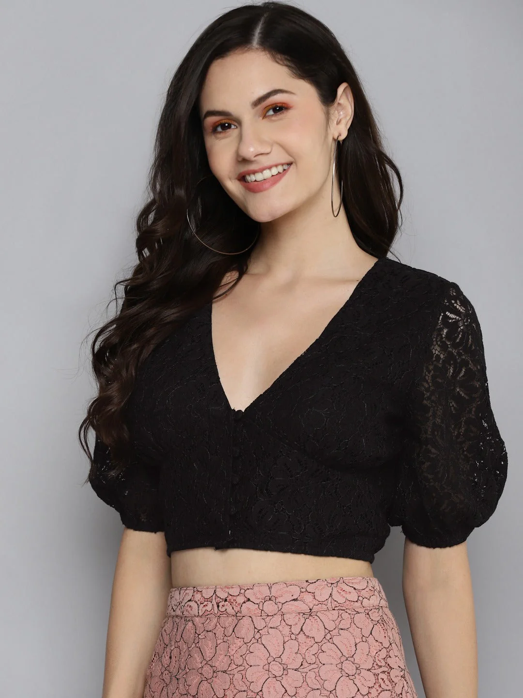 Women Black Lace Puff Sleeve Crop Top - Image 2