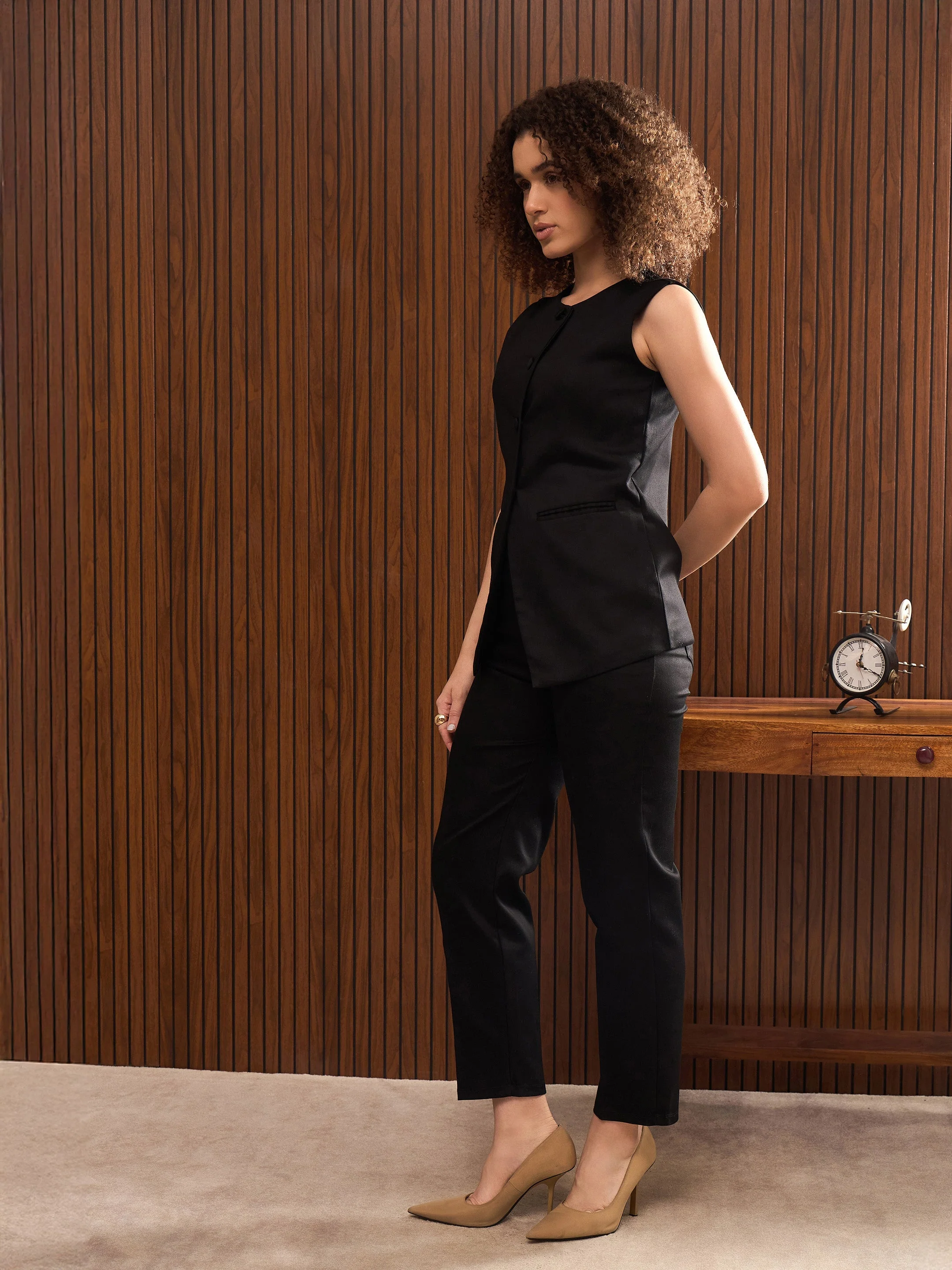 Women Black Longline Top With Pants - Image 2