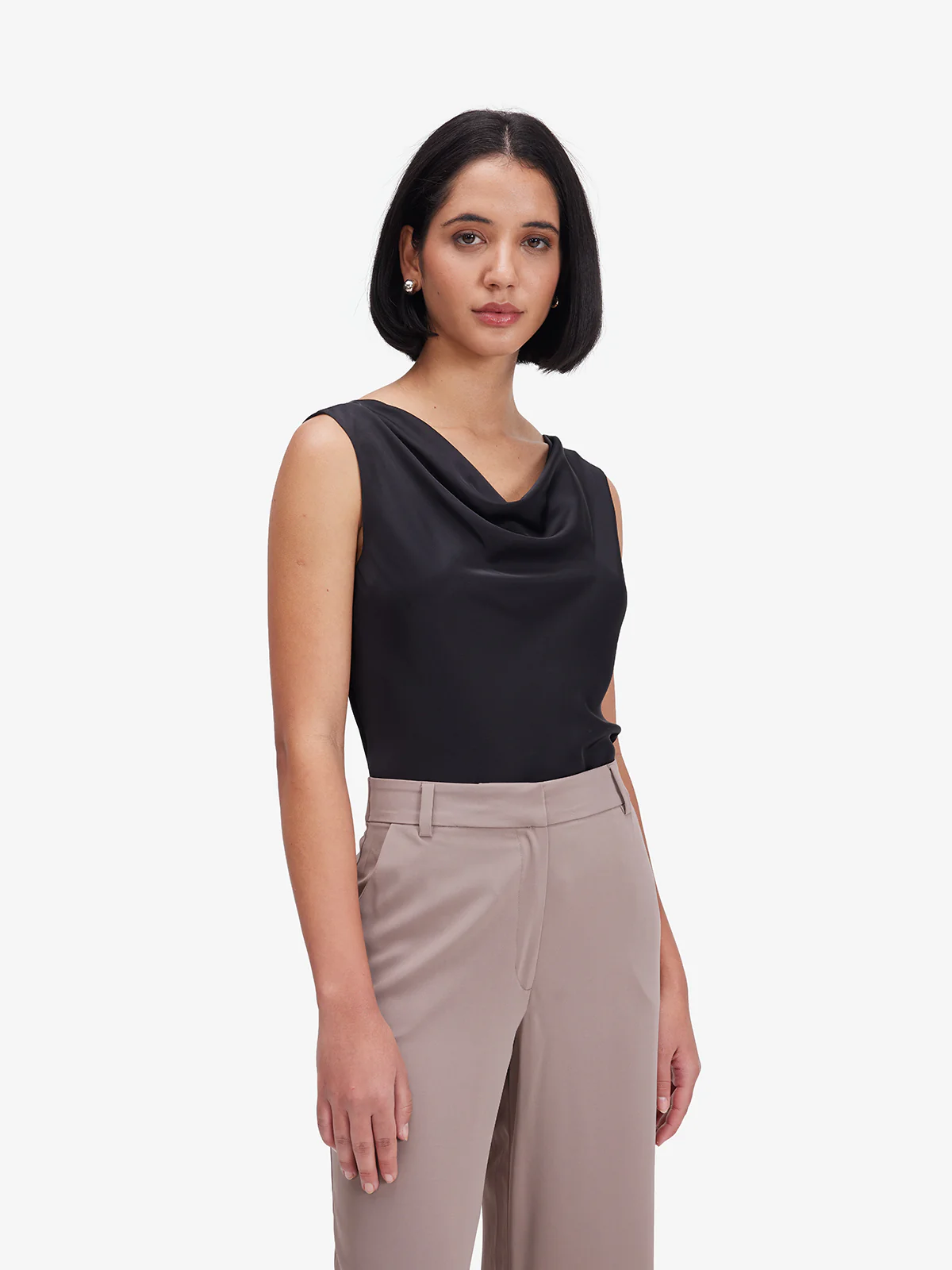 Women Black Lustrous Cowl Neck Satin Top - Image 3