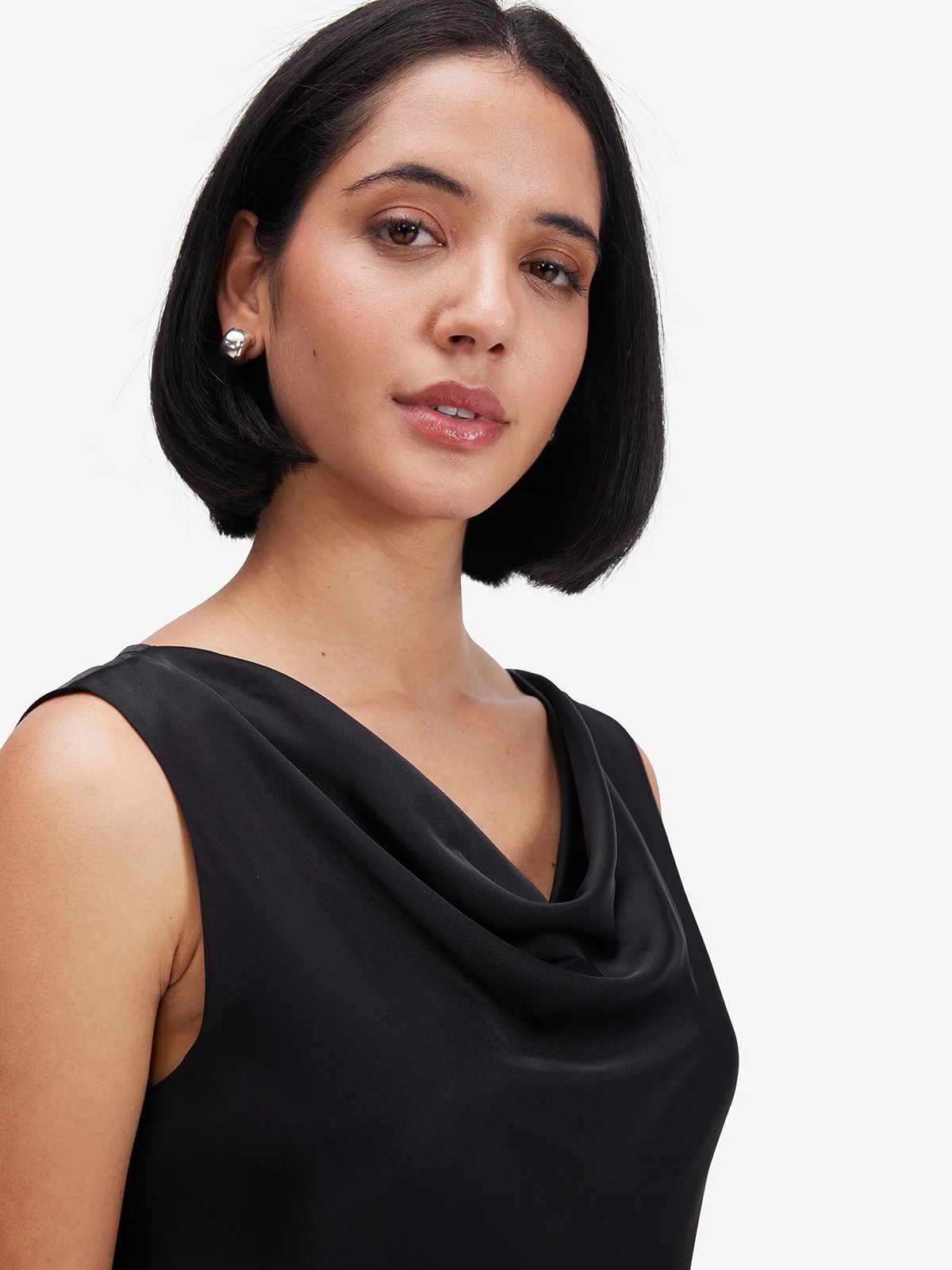 Women Black Lustrous Cowl Neck Satin Top - Image 4