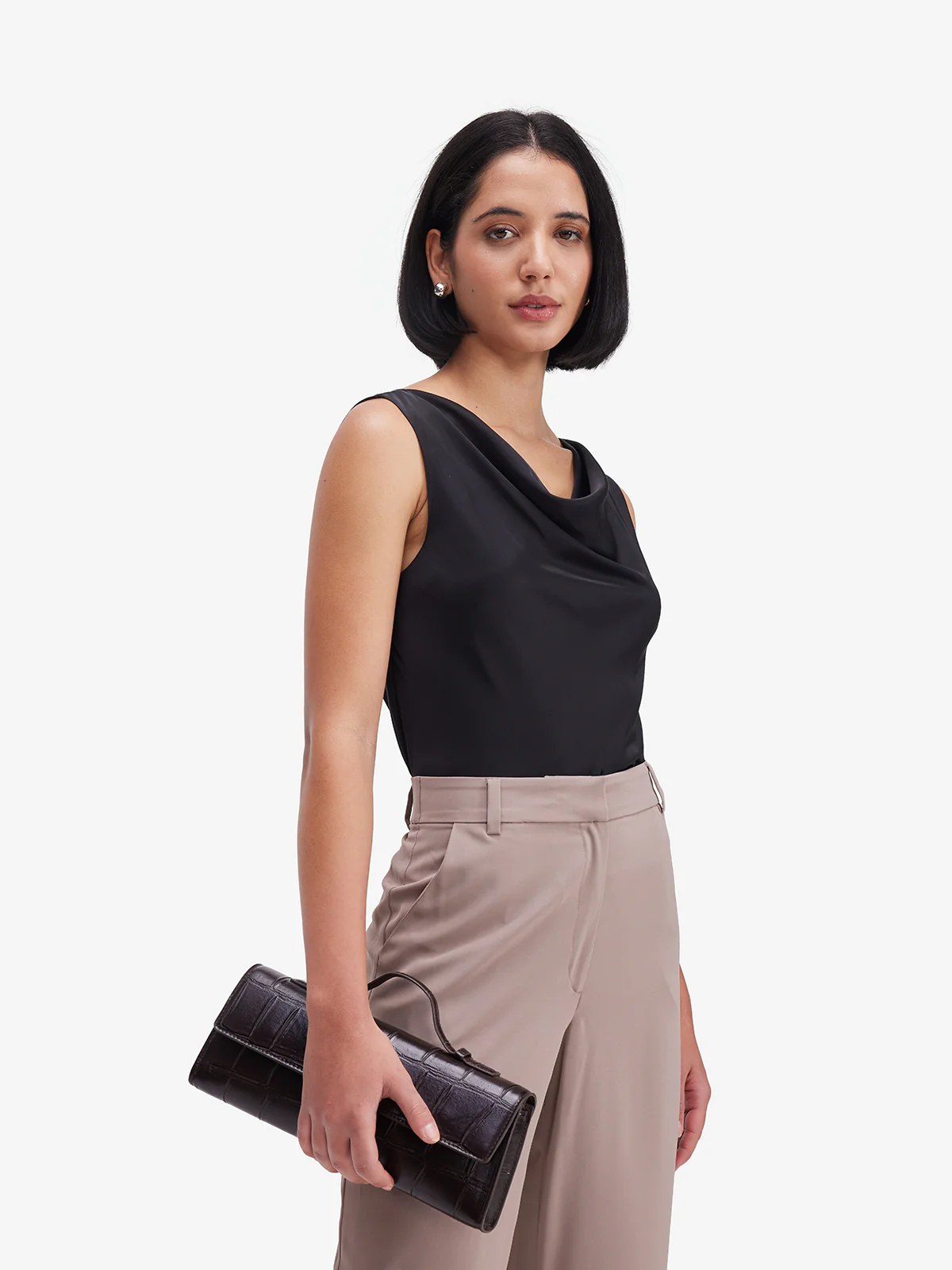 Women Black Lustrous Cowl Neck Satin Top - Image 5