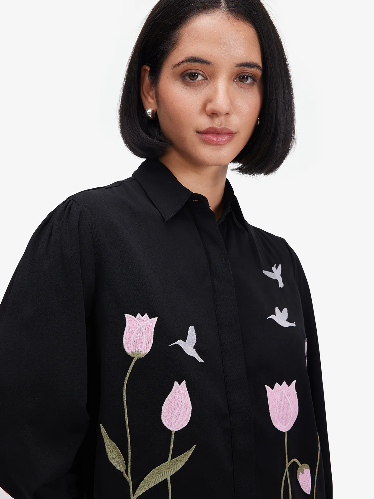 Women Black Luxe Floral Embroidered Shirt - Image 3