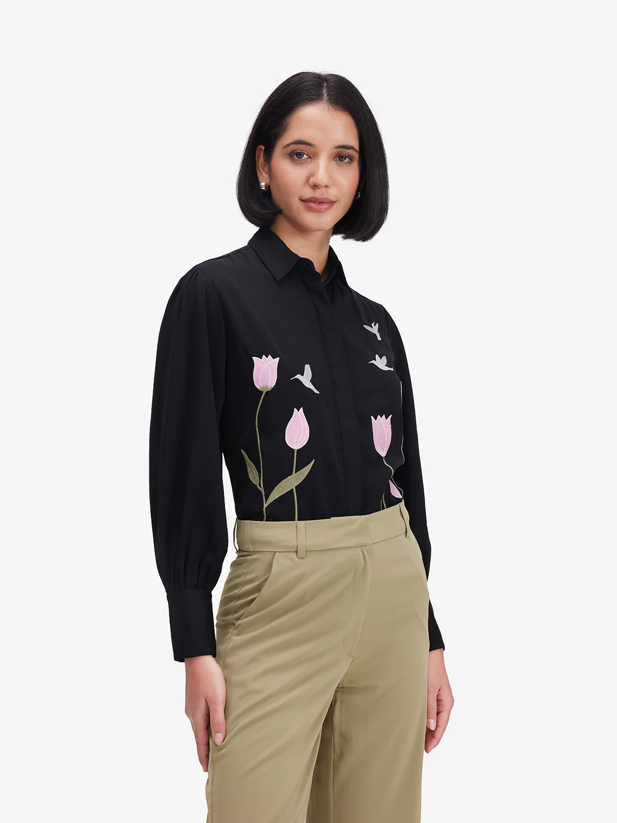 Women Black Luxe Floral Embroidered Shirt - Image 4