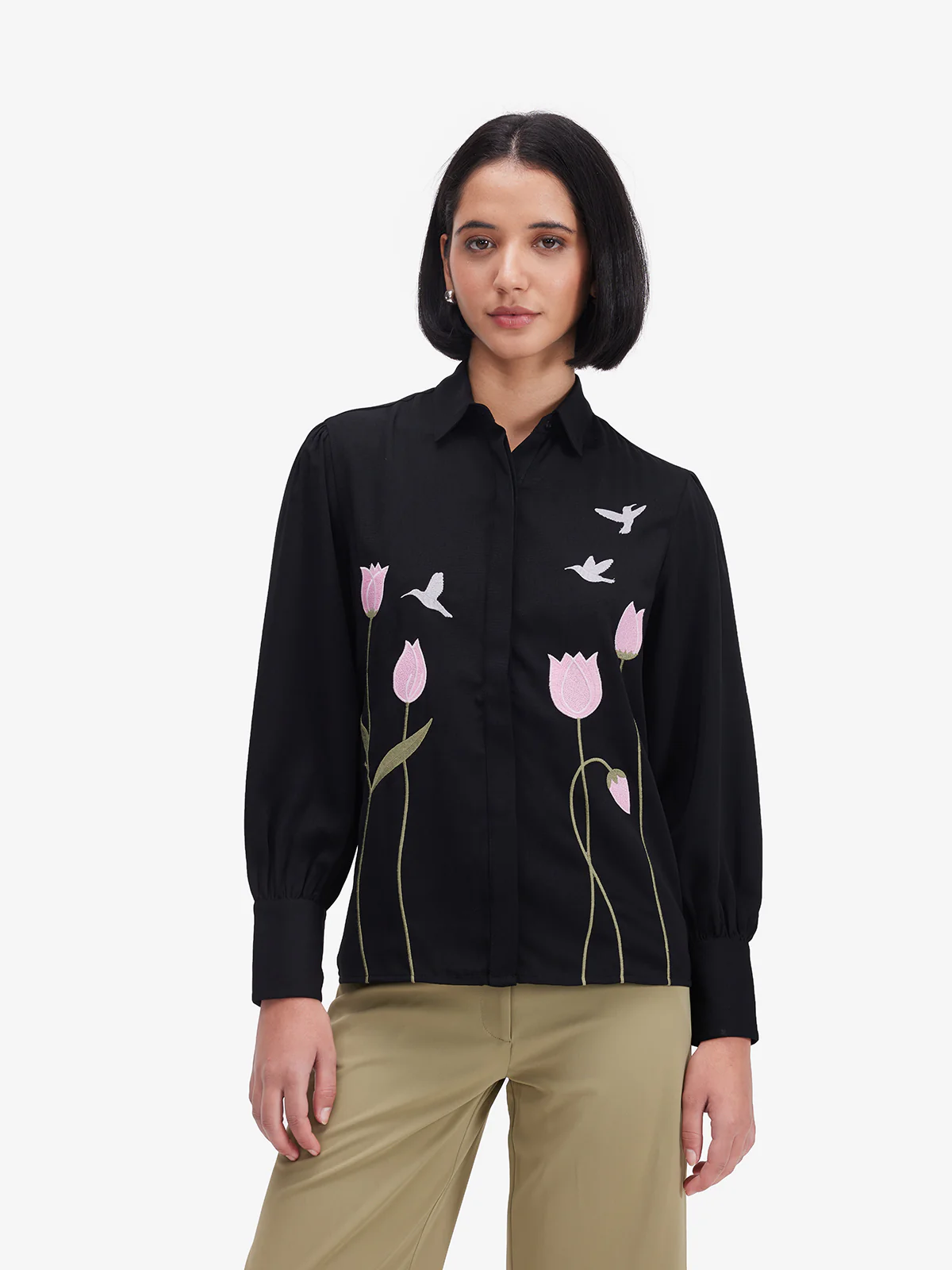 Women Black Luxe Floral Embroidered Shirt - Image 5