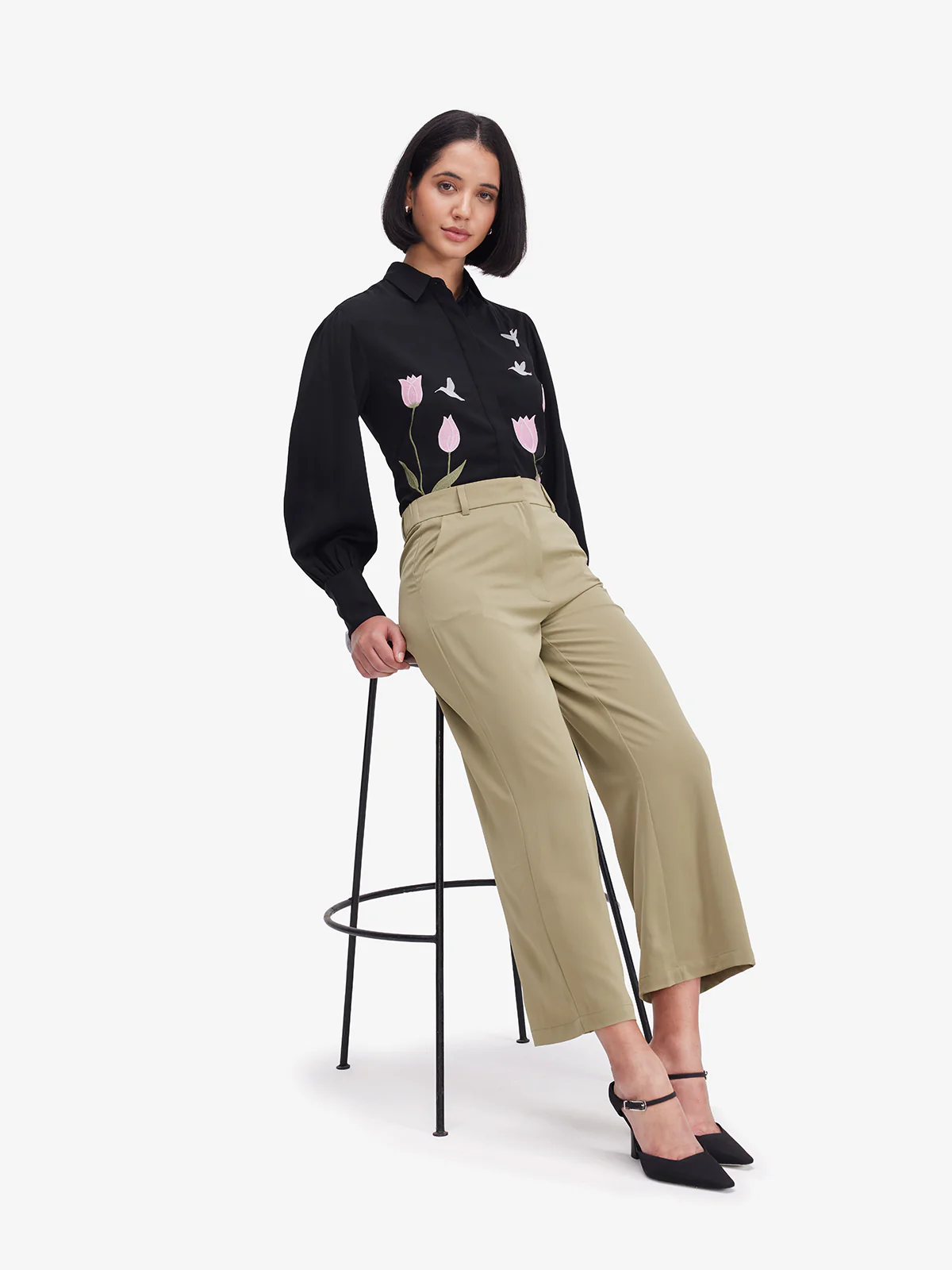 Women Black Luxe Floral Embroidered Shirt - Image 6