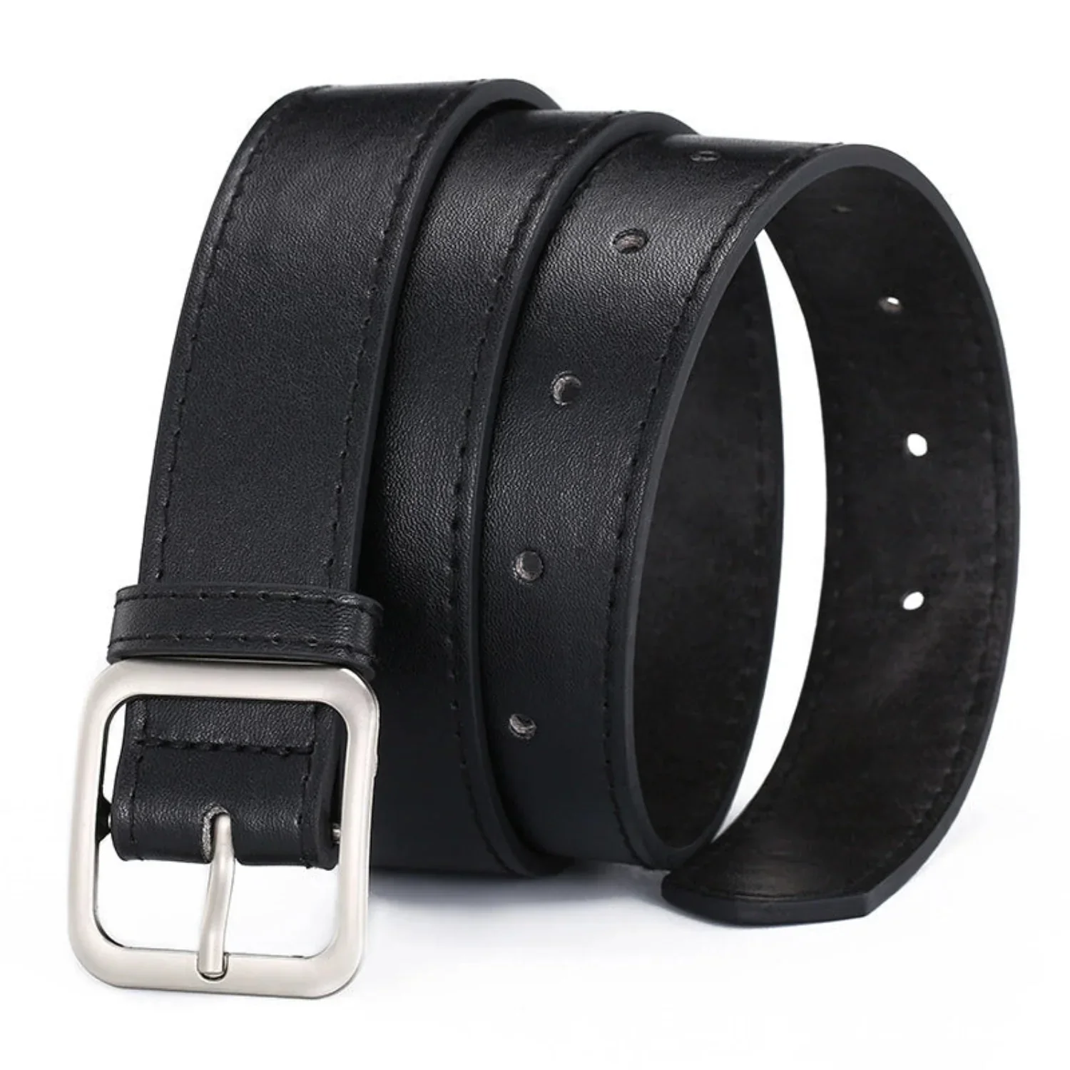 Women Black Matte Silver Square Buckle Belt - Image 2
