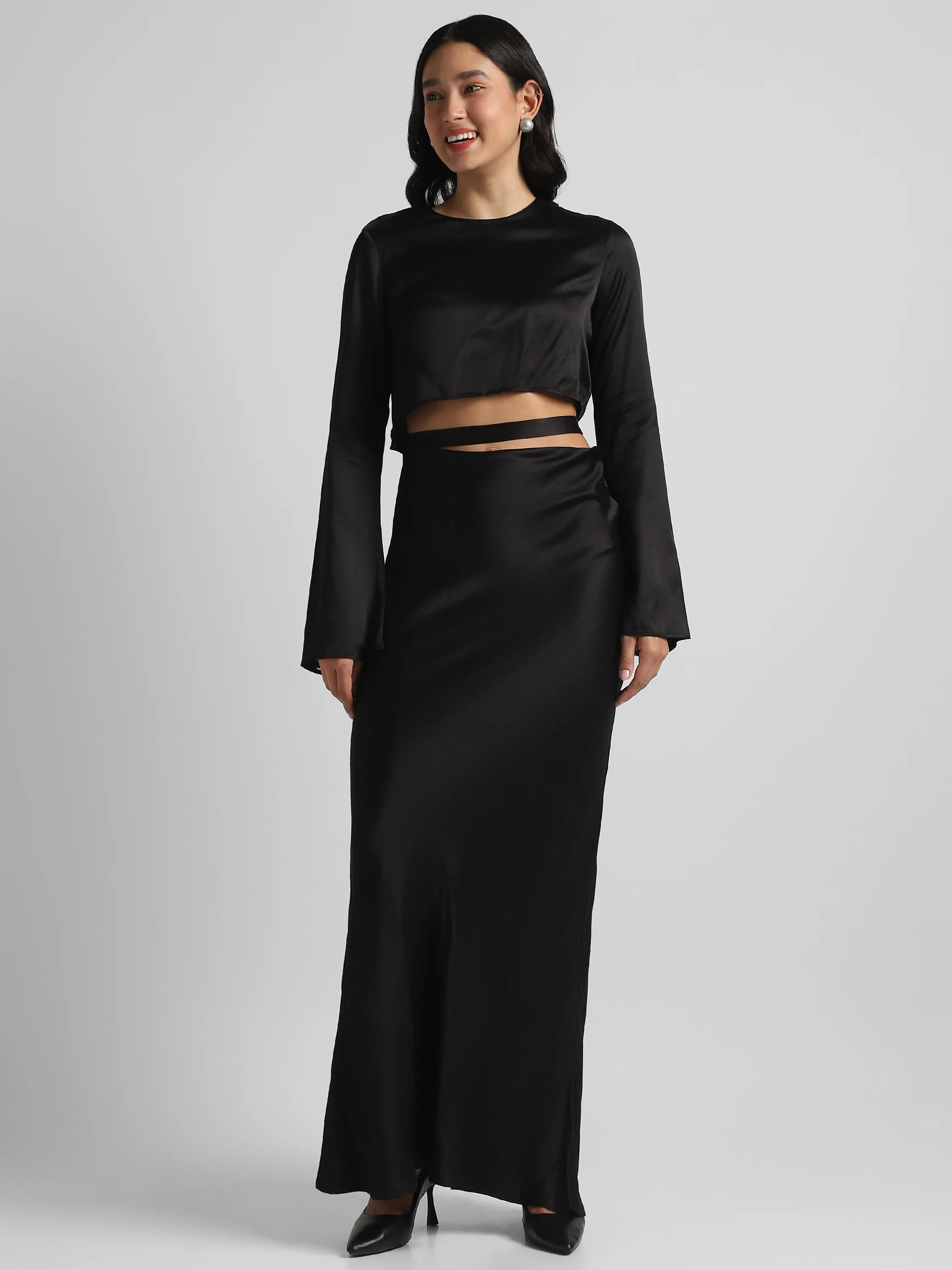 Women Black Maxi Dress with waist cut out - Image 2