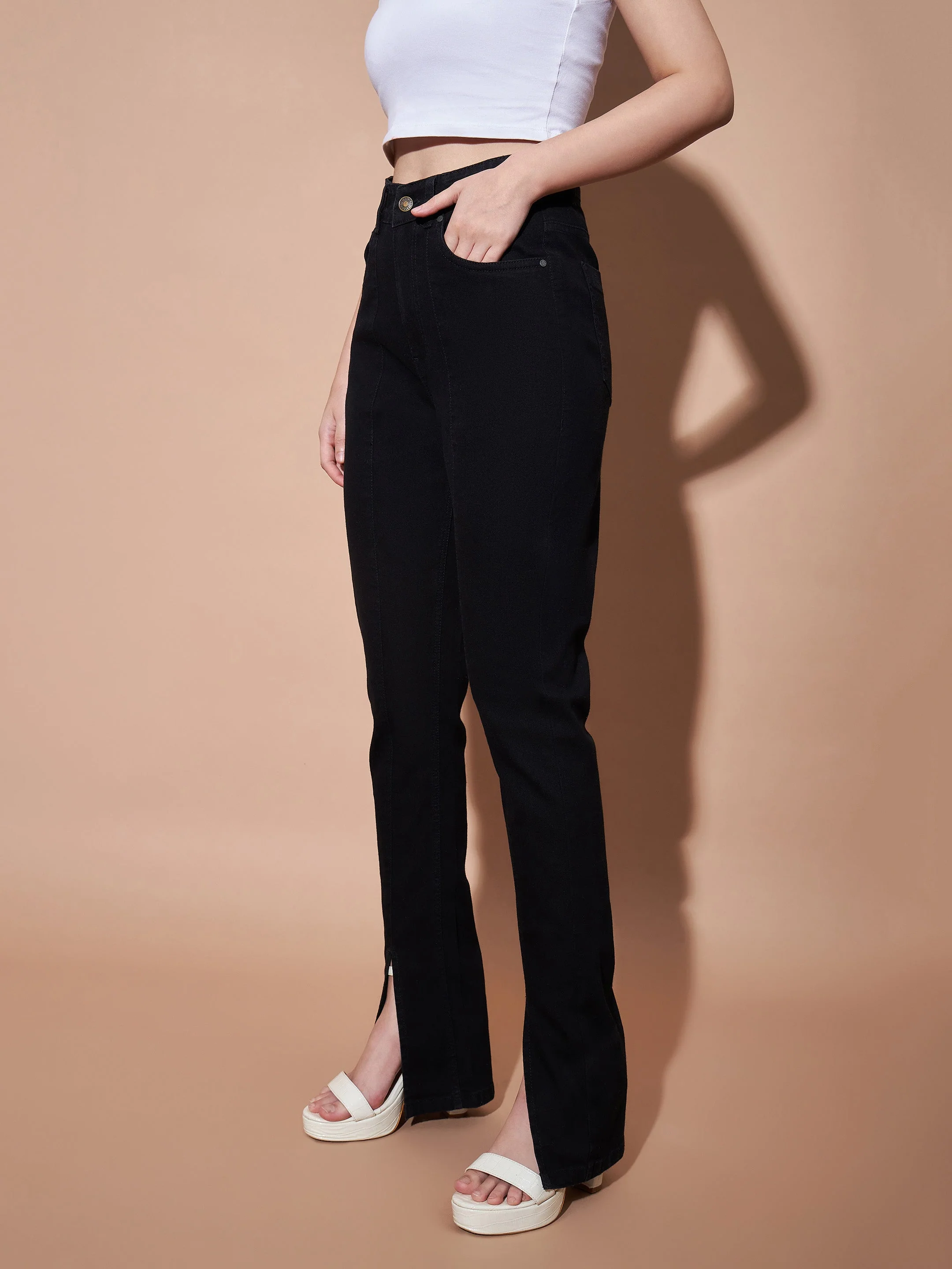 Women Black Mid Rise Skinny Fit Slit Jeans - Image 3