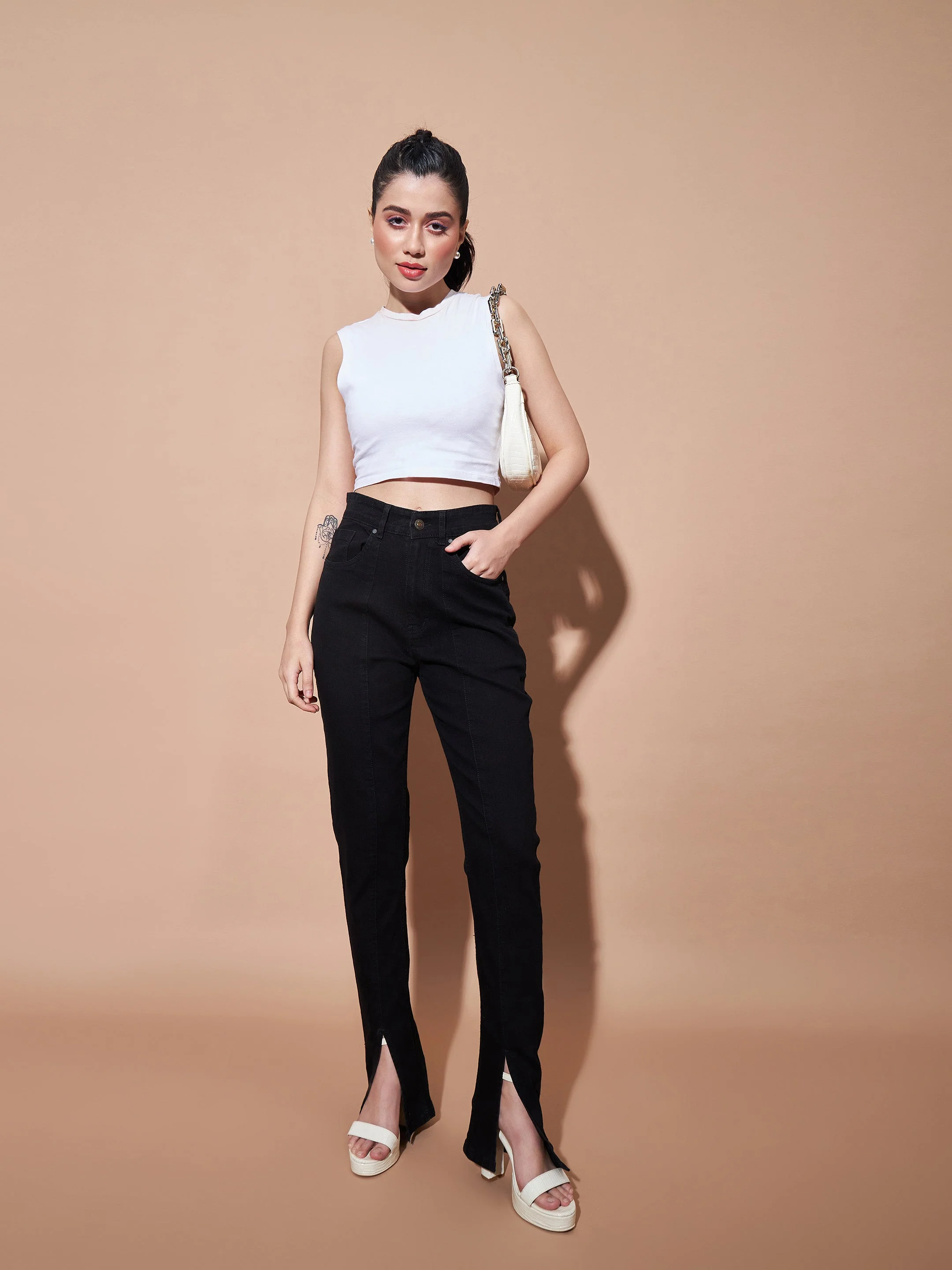 Women Black Mid Rise Skinny Fit Slit Jeans - Image 6