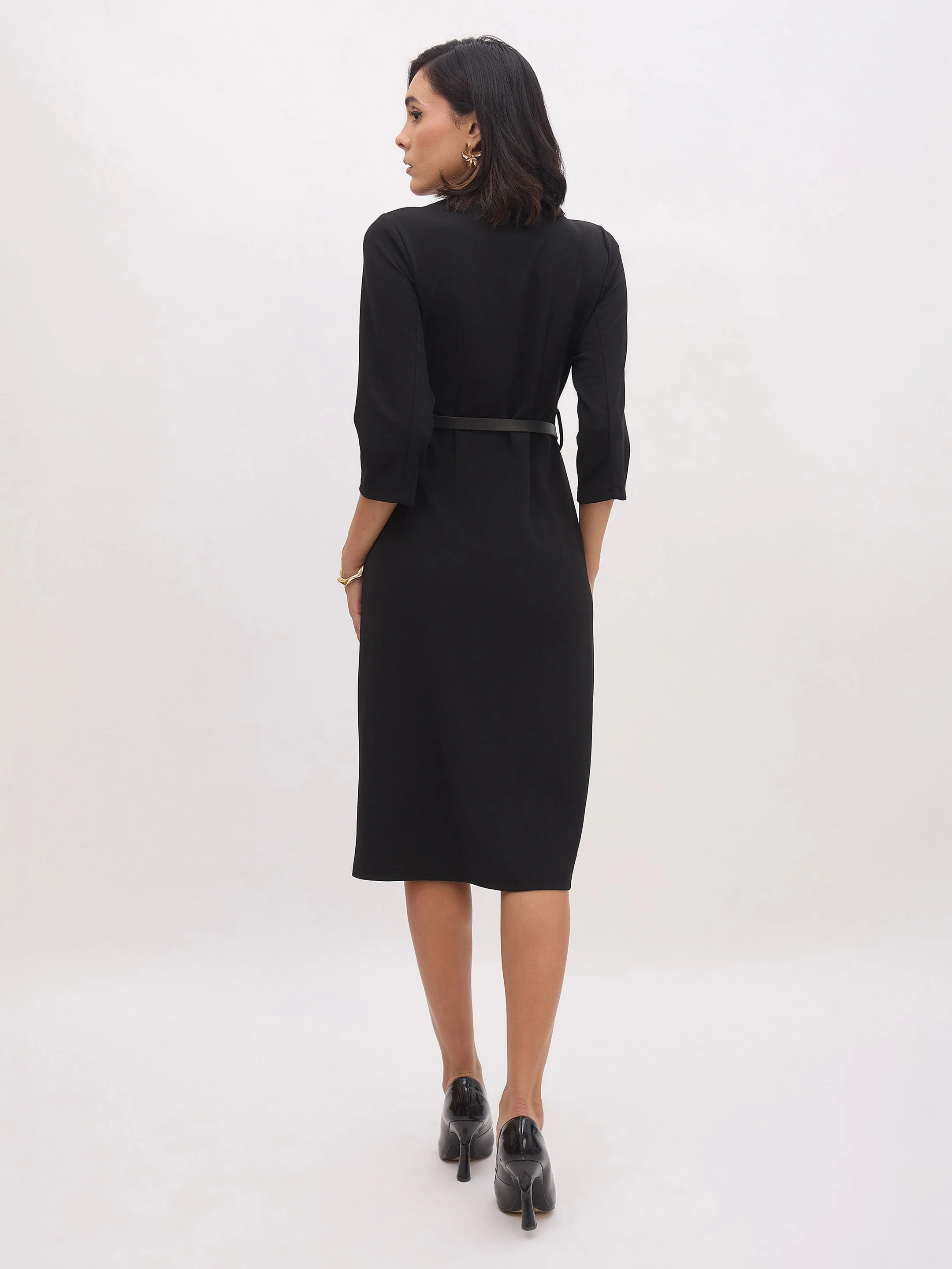 Women Black Midi Dress With PU Belt - Image 2