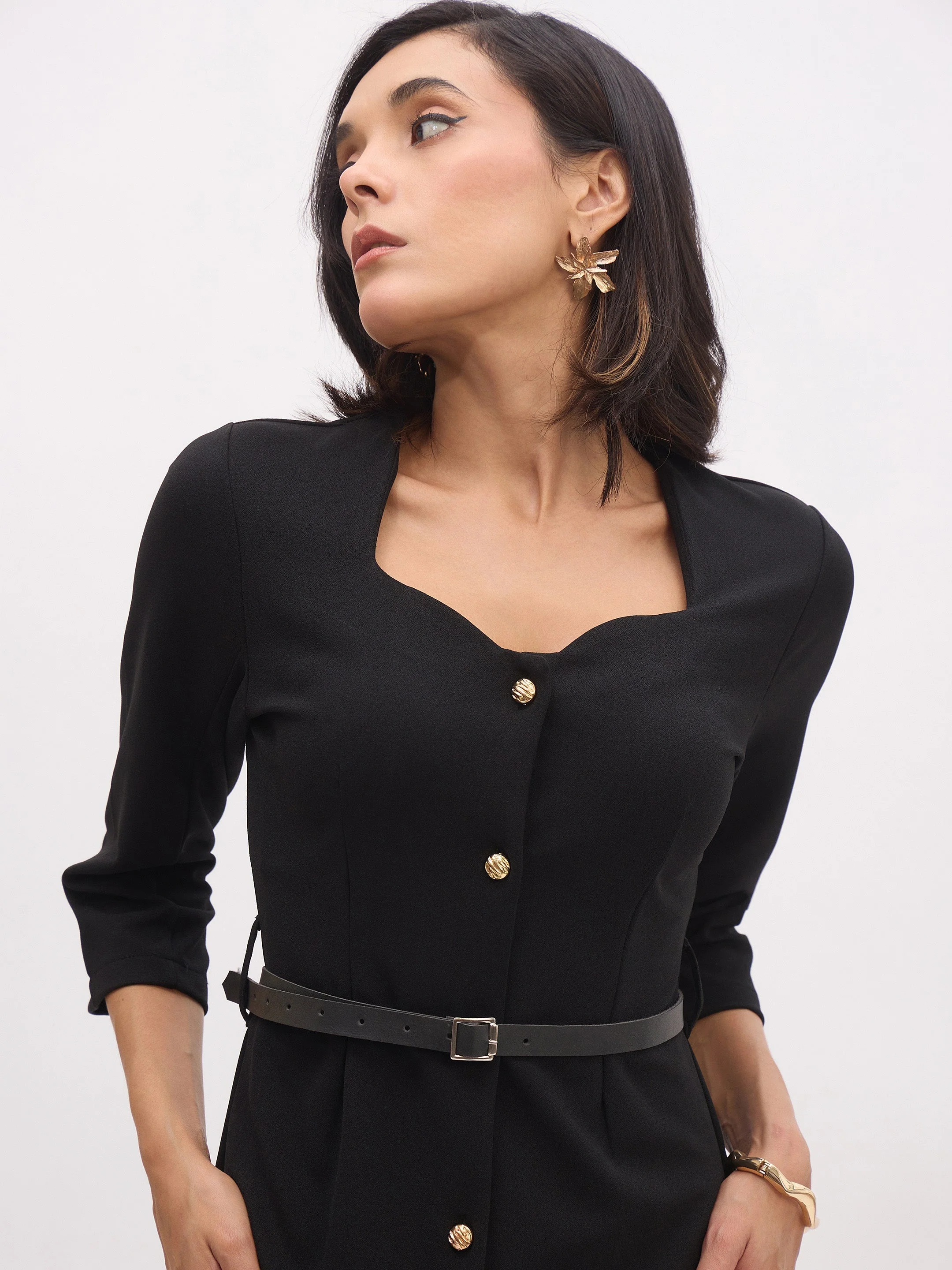Women Black Midi Dress With PU Belt - Image 3