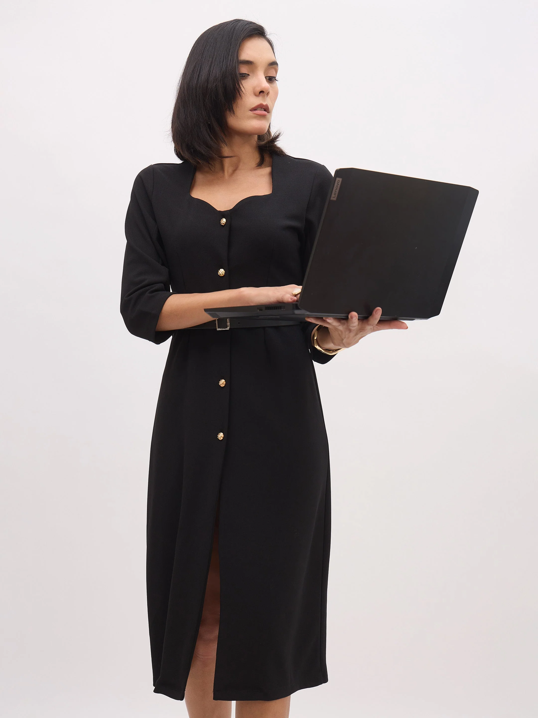 Women Black Midi Dress With PU Belt - Image 4