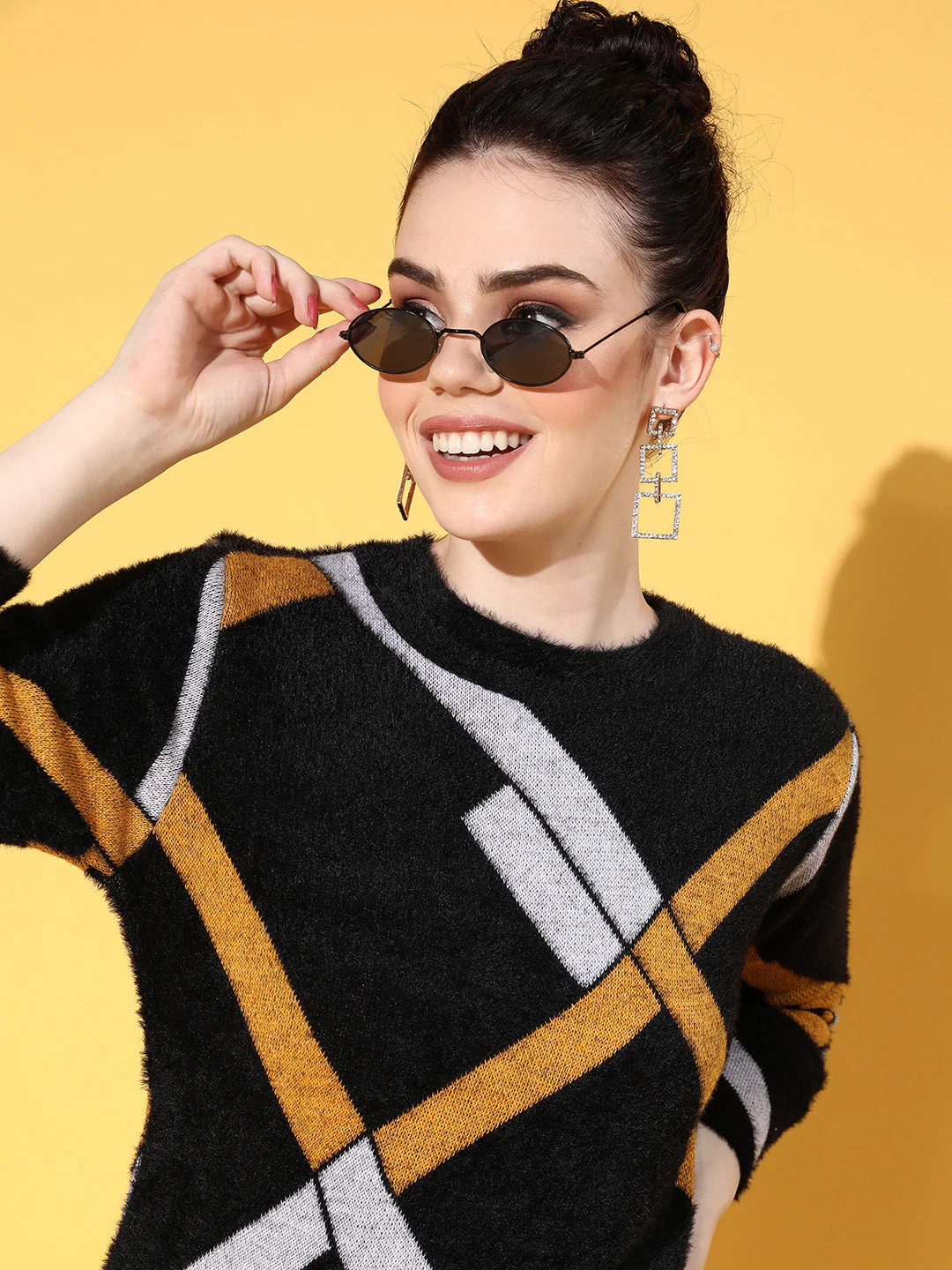 Women Black & Mustard Check Hair Wool Long Sweater - Image 3