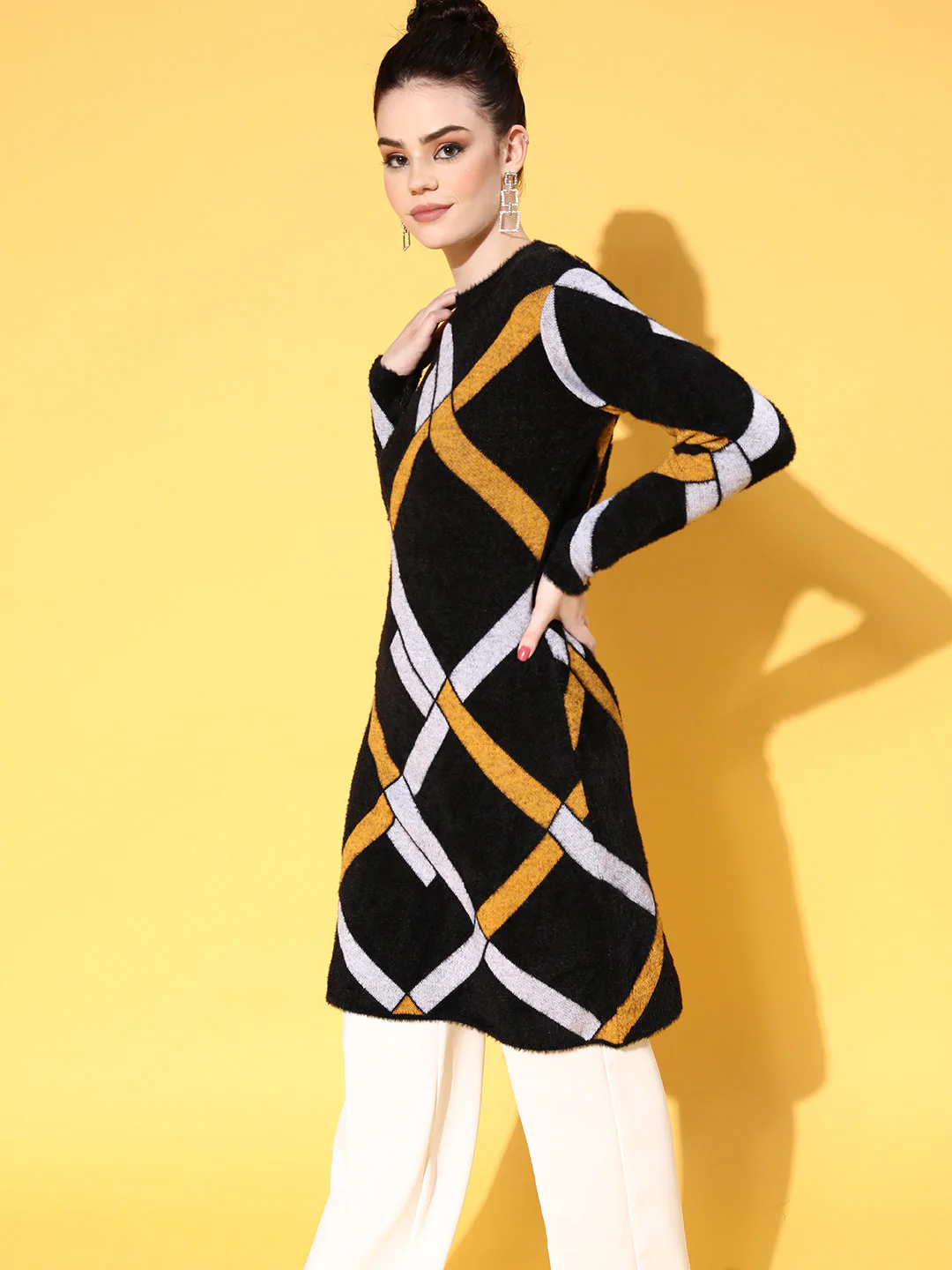 Women Black & Mustard Check Hair Wool Long Sweater - Image 4
