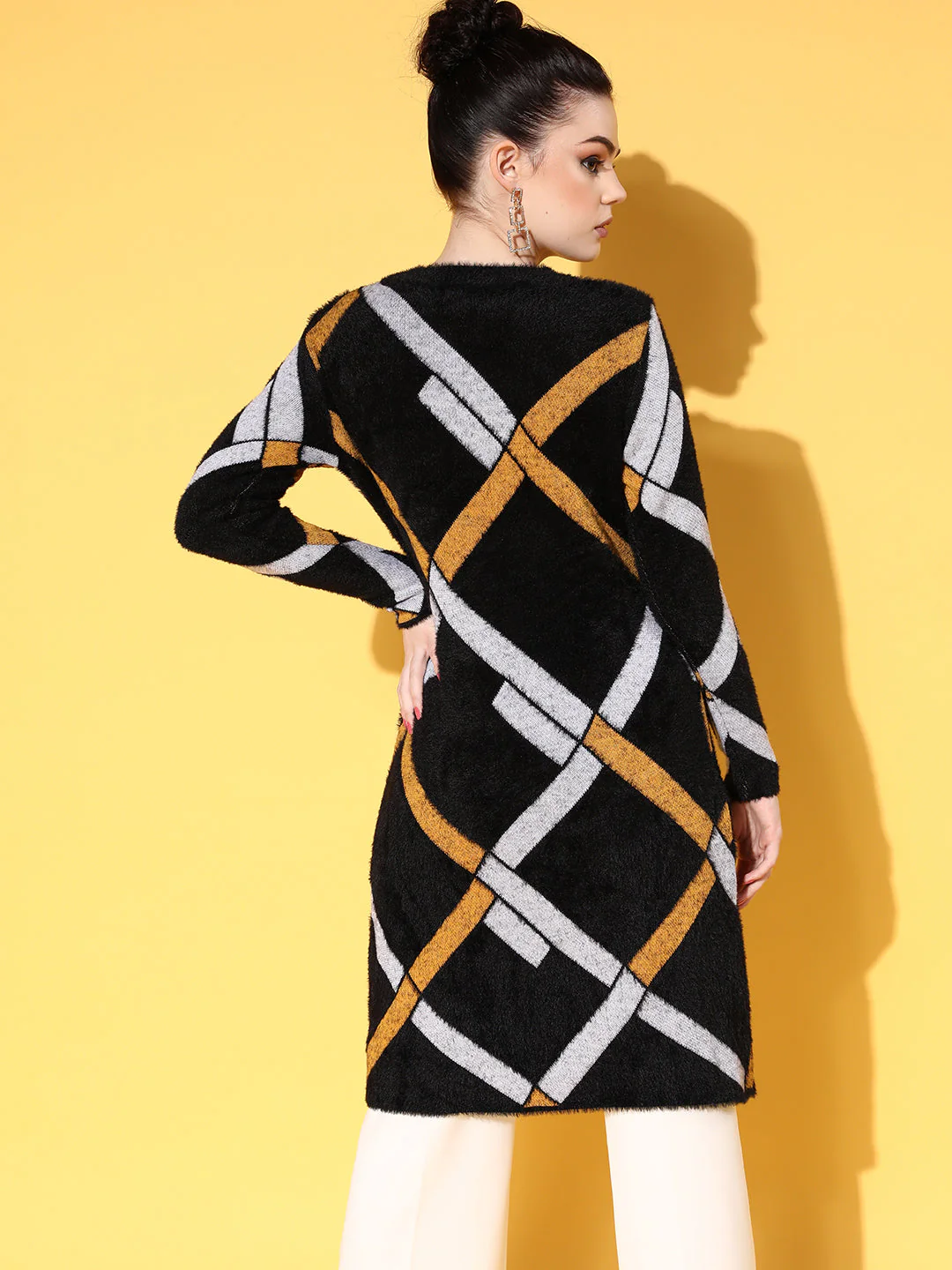 Women Black & Mustard Check Hair Wool Long Sweater - Image 5
