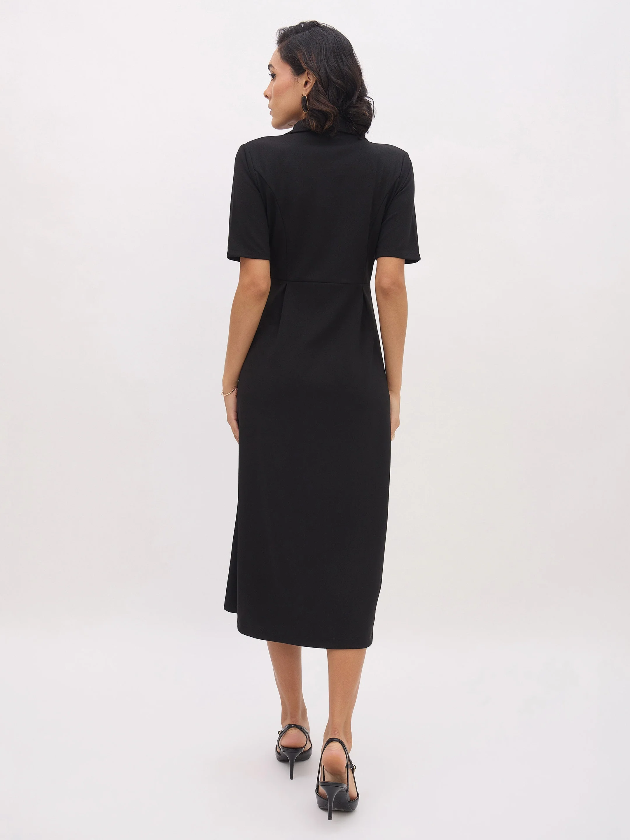 Women Black Notch Collar Button Midi Dress - Image 2
