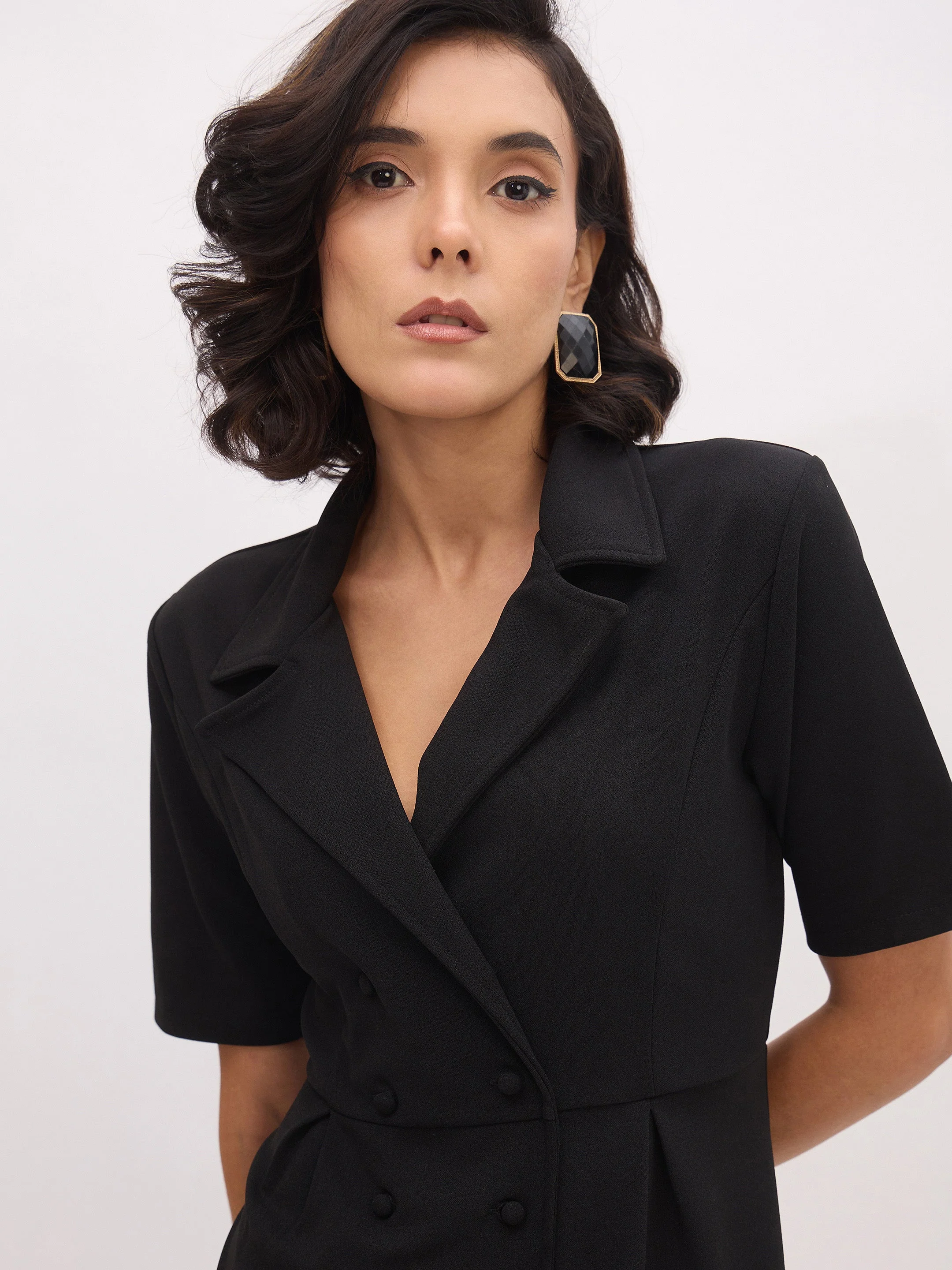 Women Black Notch Collar Button Midi Dress - Image 3