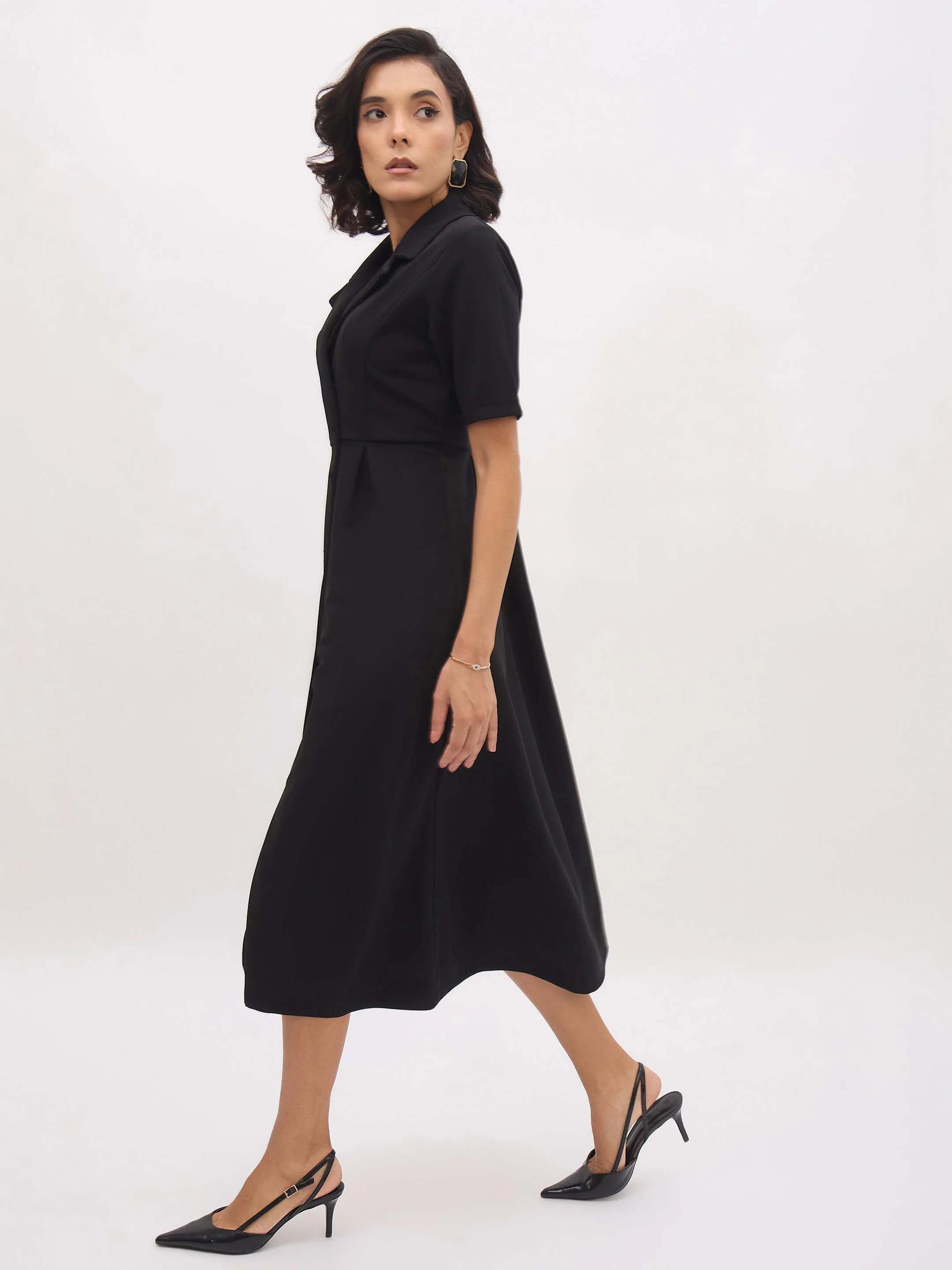 Women Black Notch Collar Button Midi Dress - Image 4
