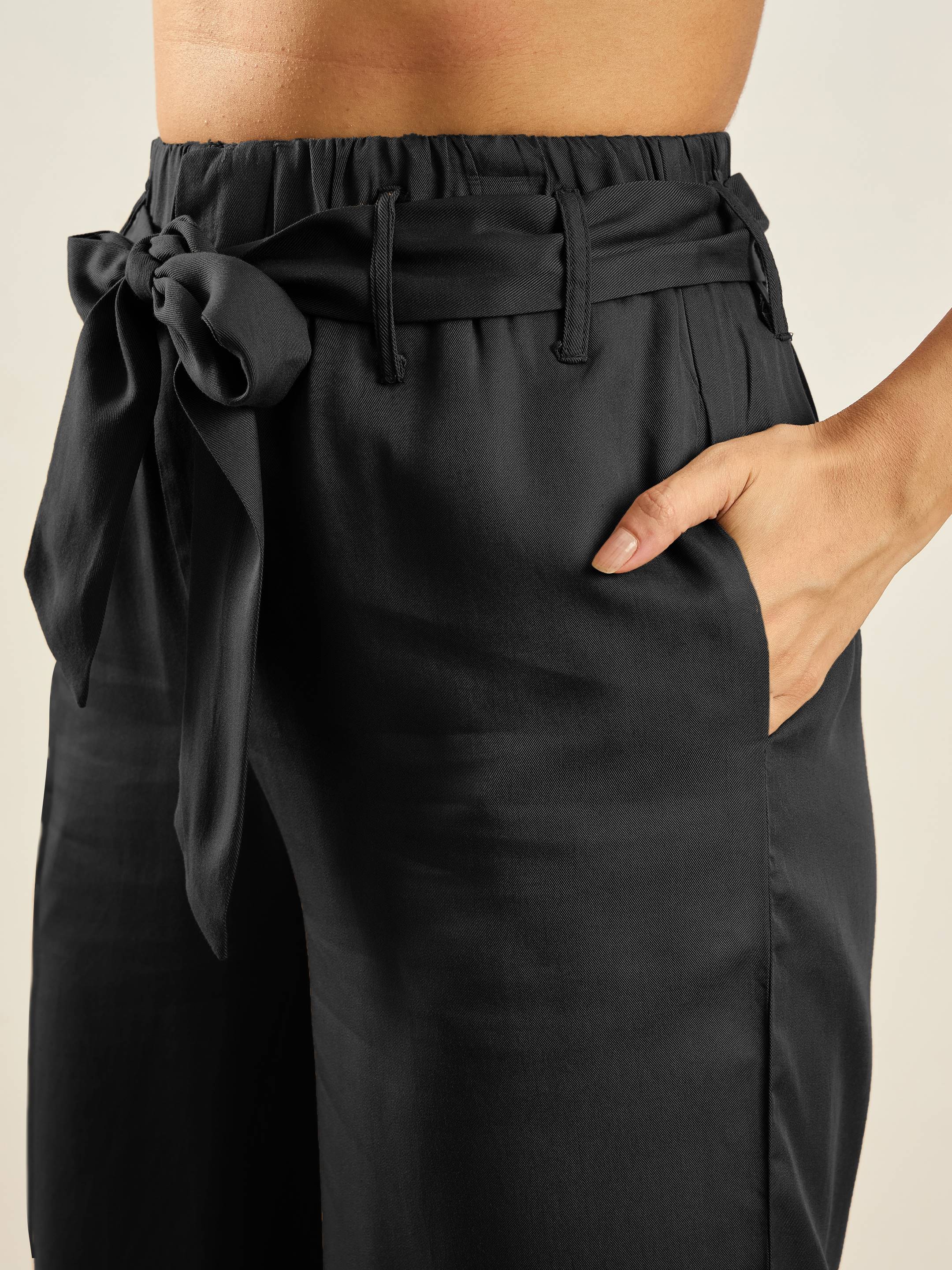 Women Black Notch Collar Shirt With Paperback Waist Pants - Image 5