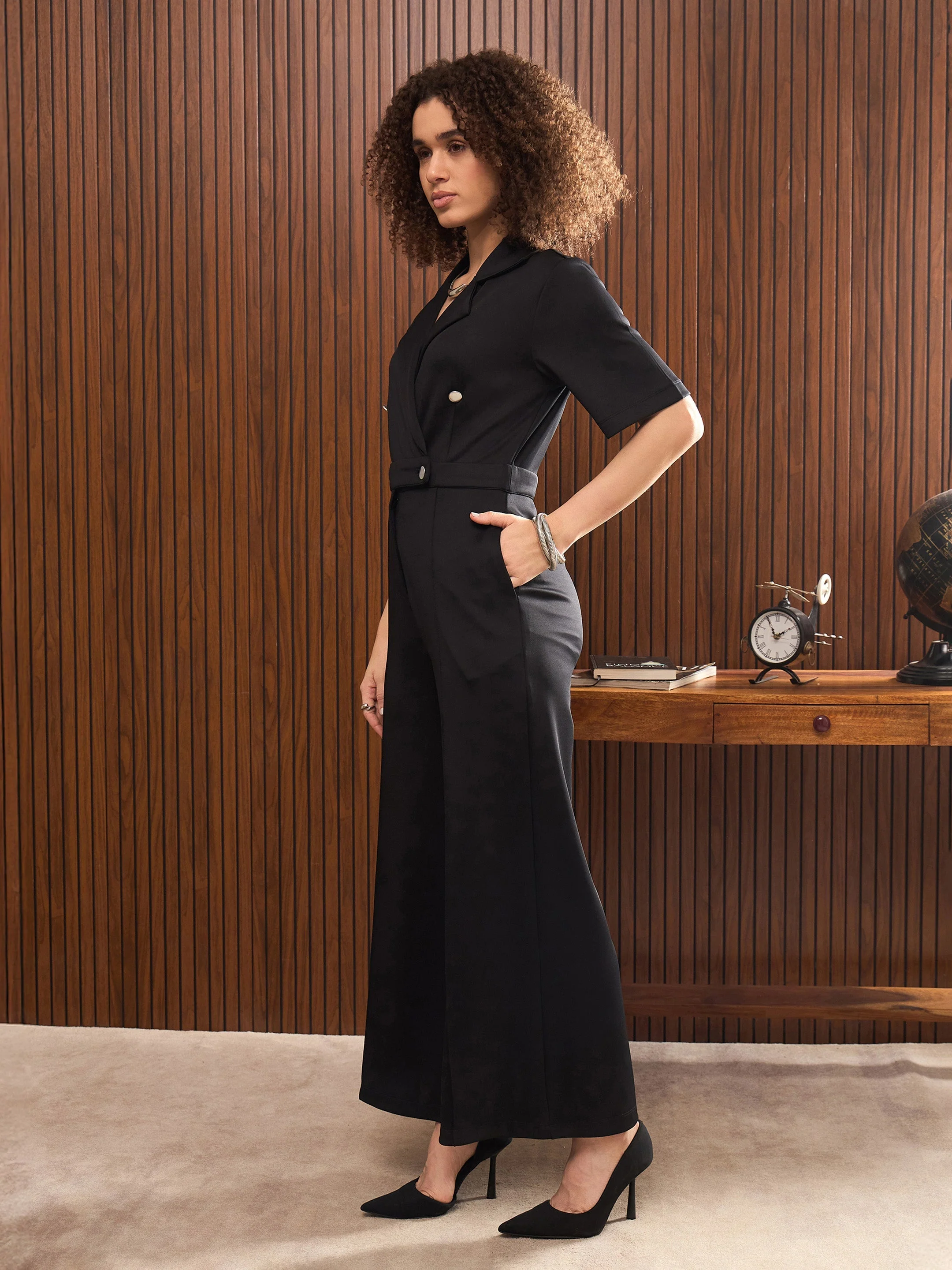 Women Black Notch Collar Short Sleeve Jumpsuit - Image 3
