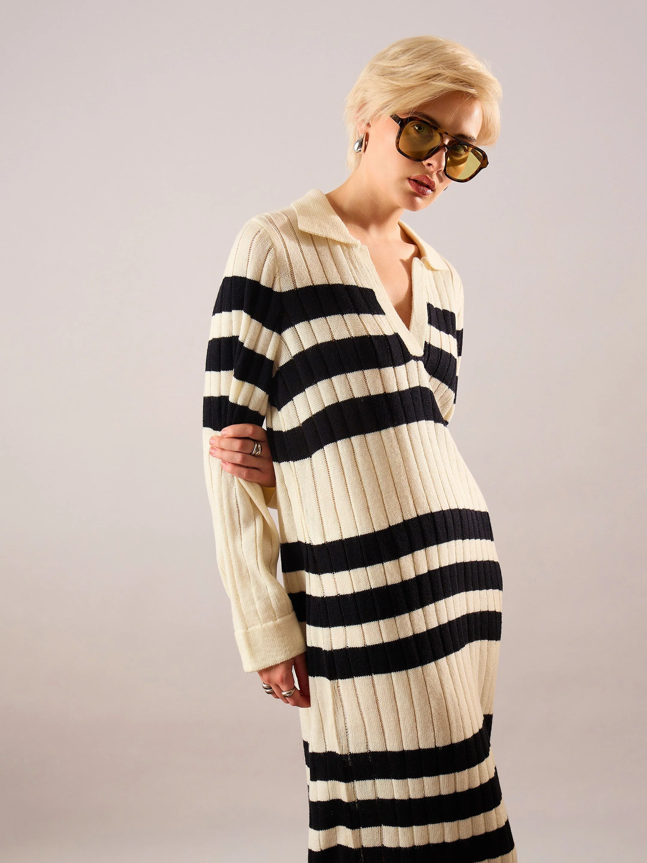Women Black & Off White Striped Acrylic Wool Collar Midi Dress - Image 2