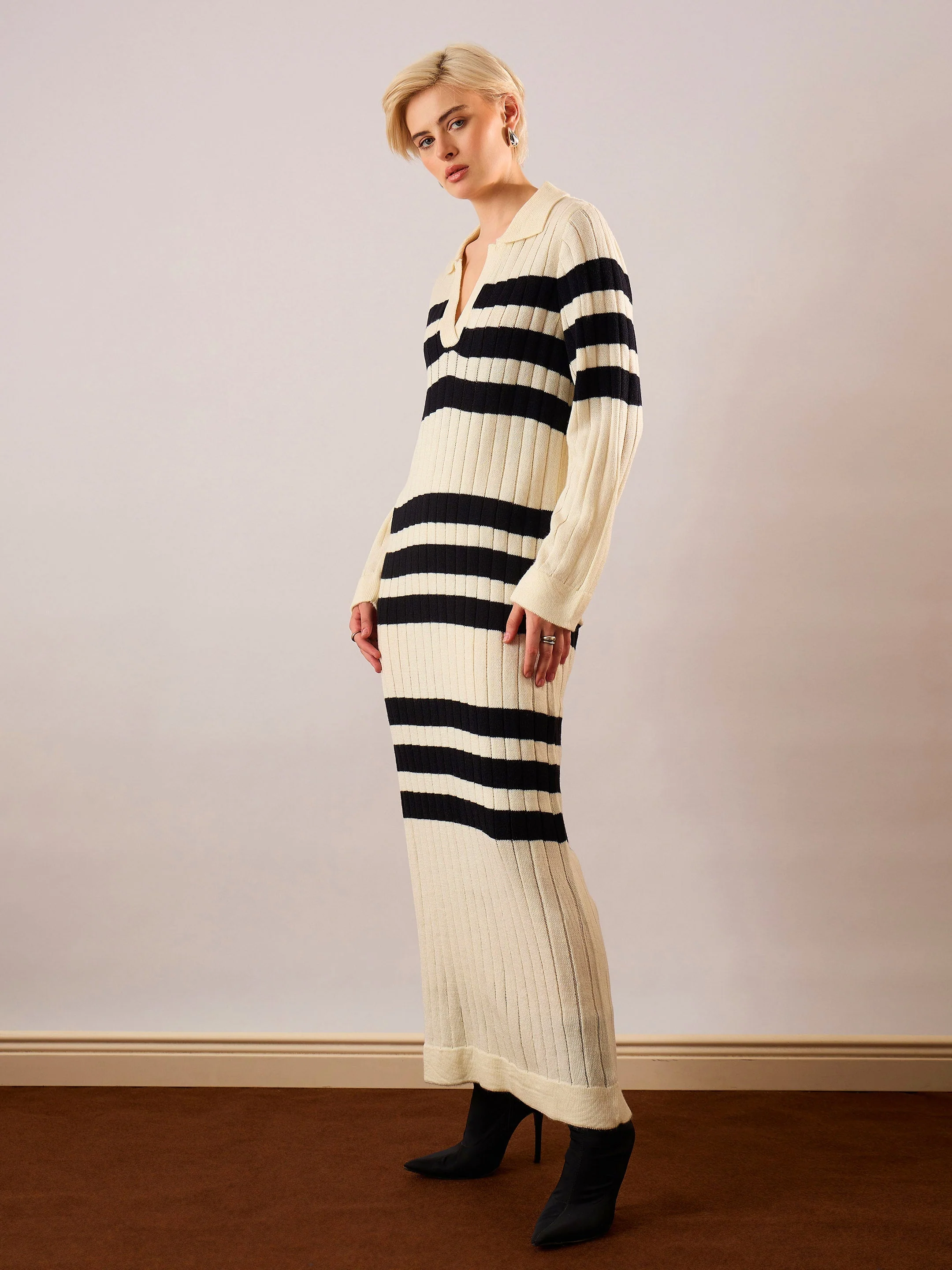 Women Black & Off White Striped Acrylic Wool Collar Midi Dress - Image 3