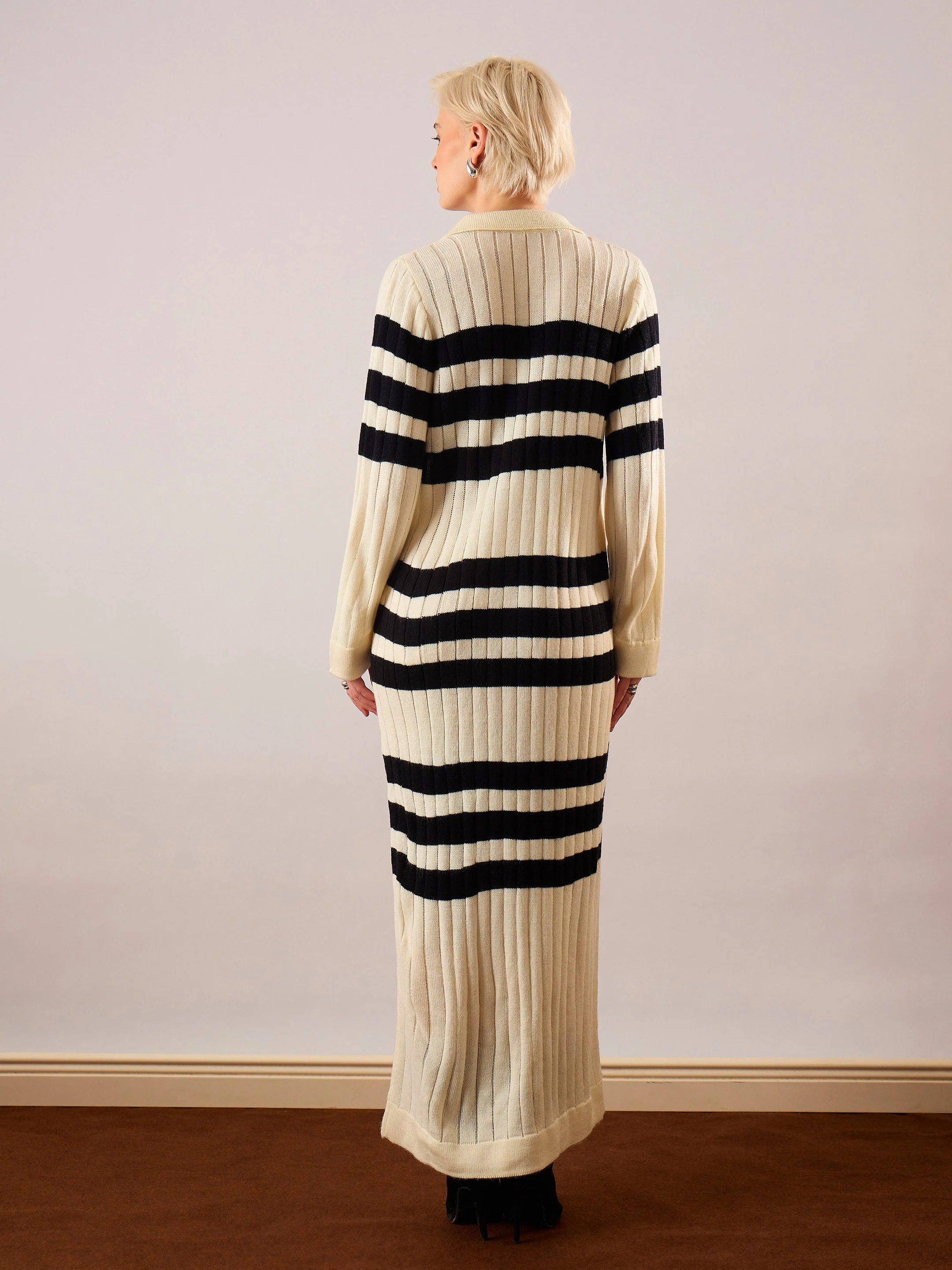 Women Black & Off White Striped Acrylic Wool Collar Midi Dress - Image 5
