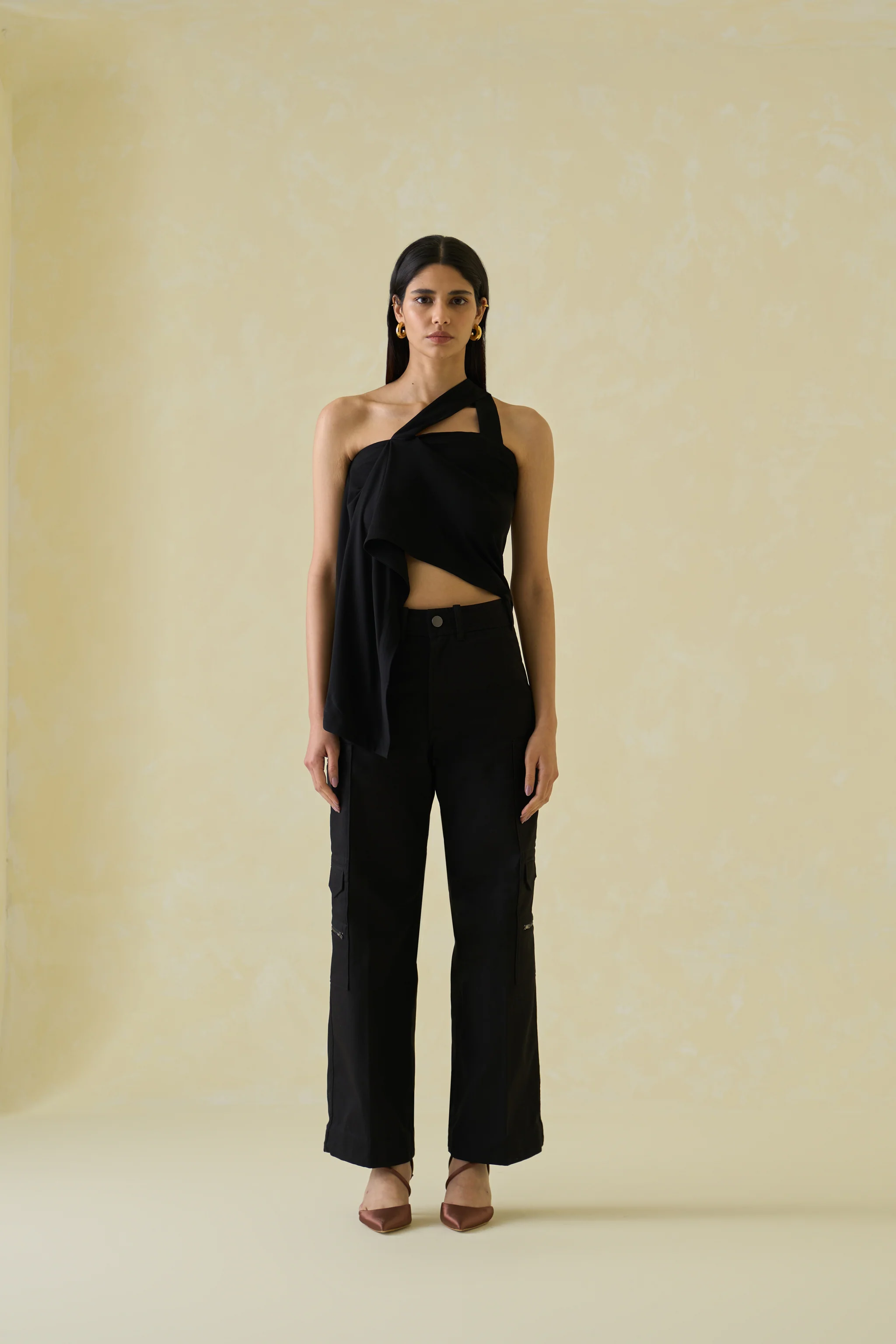 Women Black One Shoulder Rayon Draped Top - Image 2