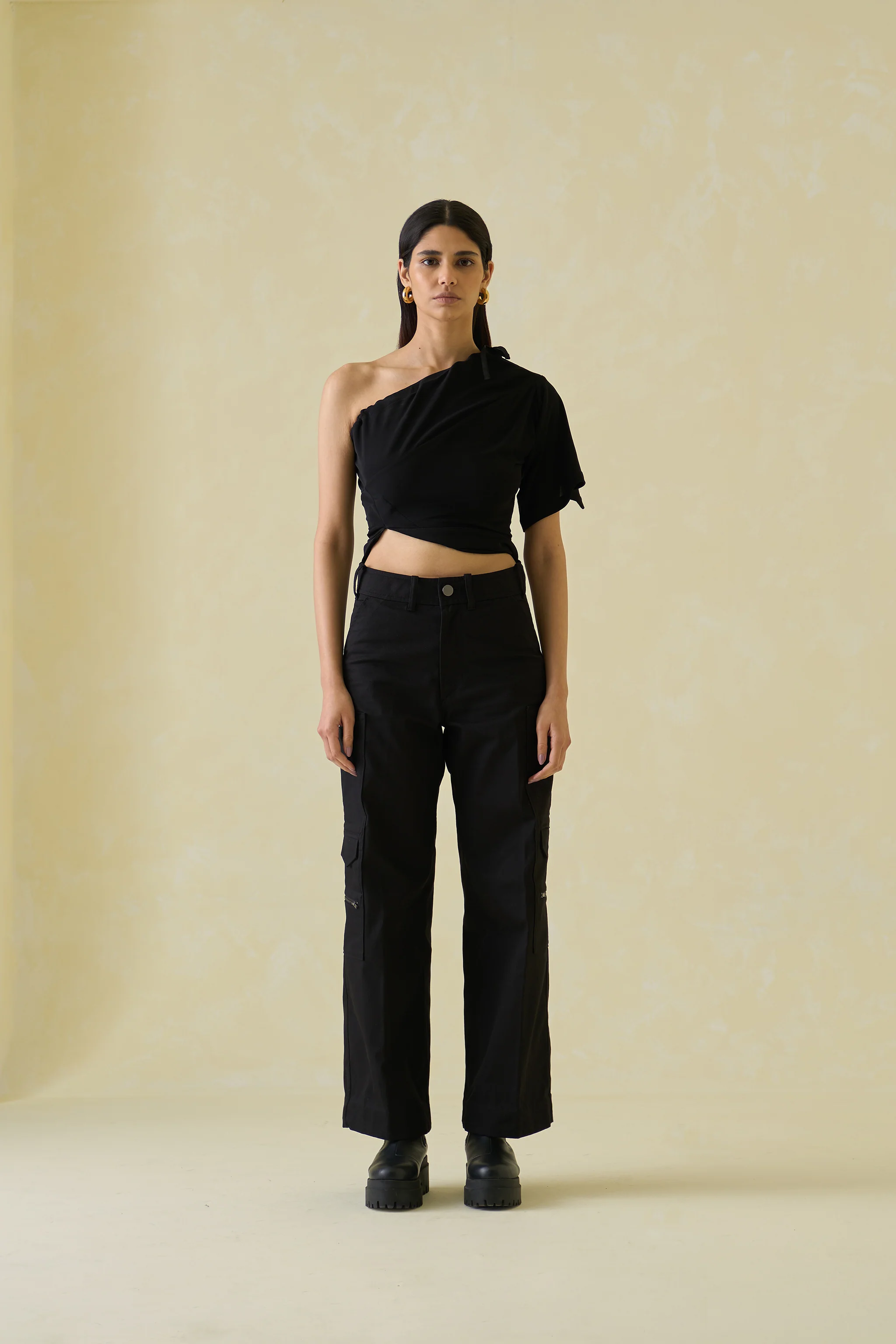 Women Black One Shoulder Asymmetric Rayon Top - Image 3