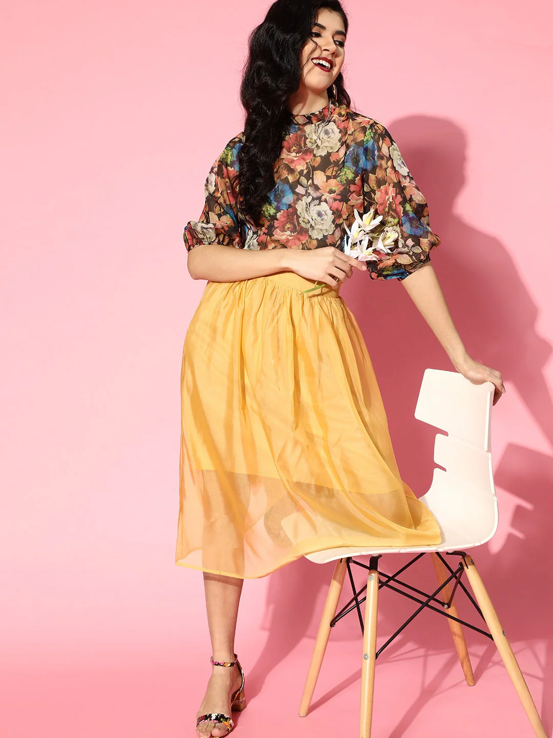 Women Black Organza Floral Boxy Top - Image 2