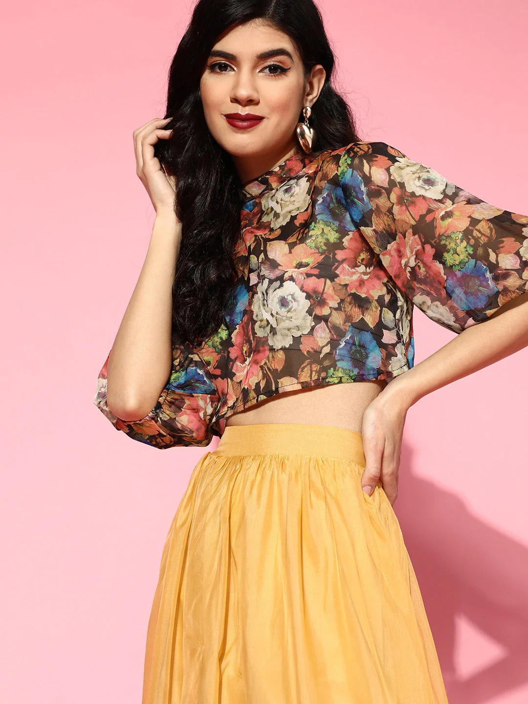 Women Black Organza Floral Boxy Top - Image 3