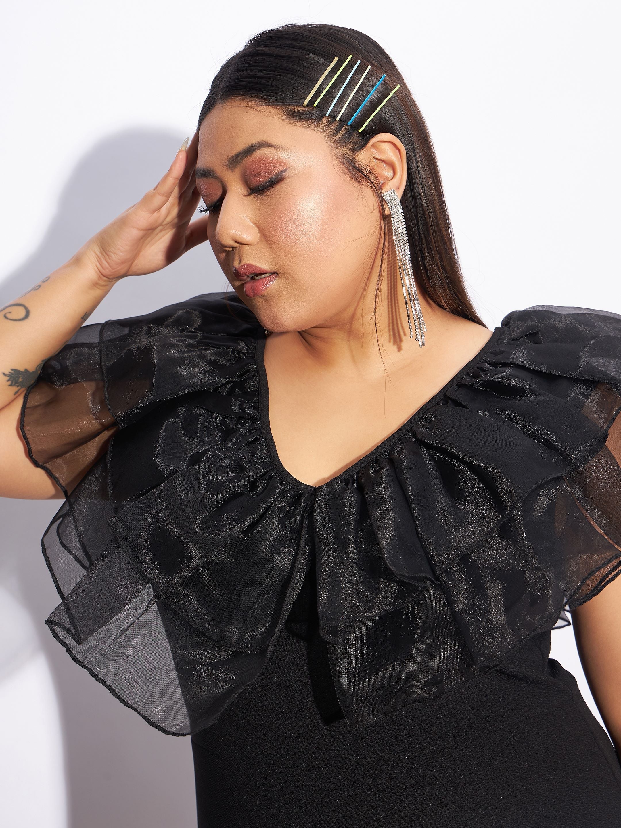 Women Black Organza Frill Detail Bodycon Dress - Image 4