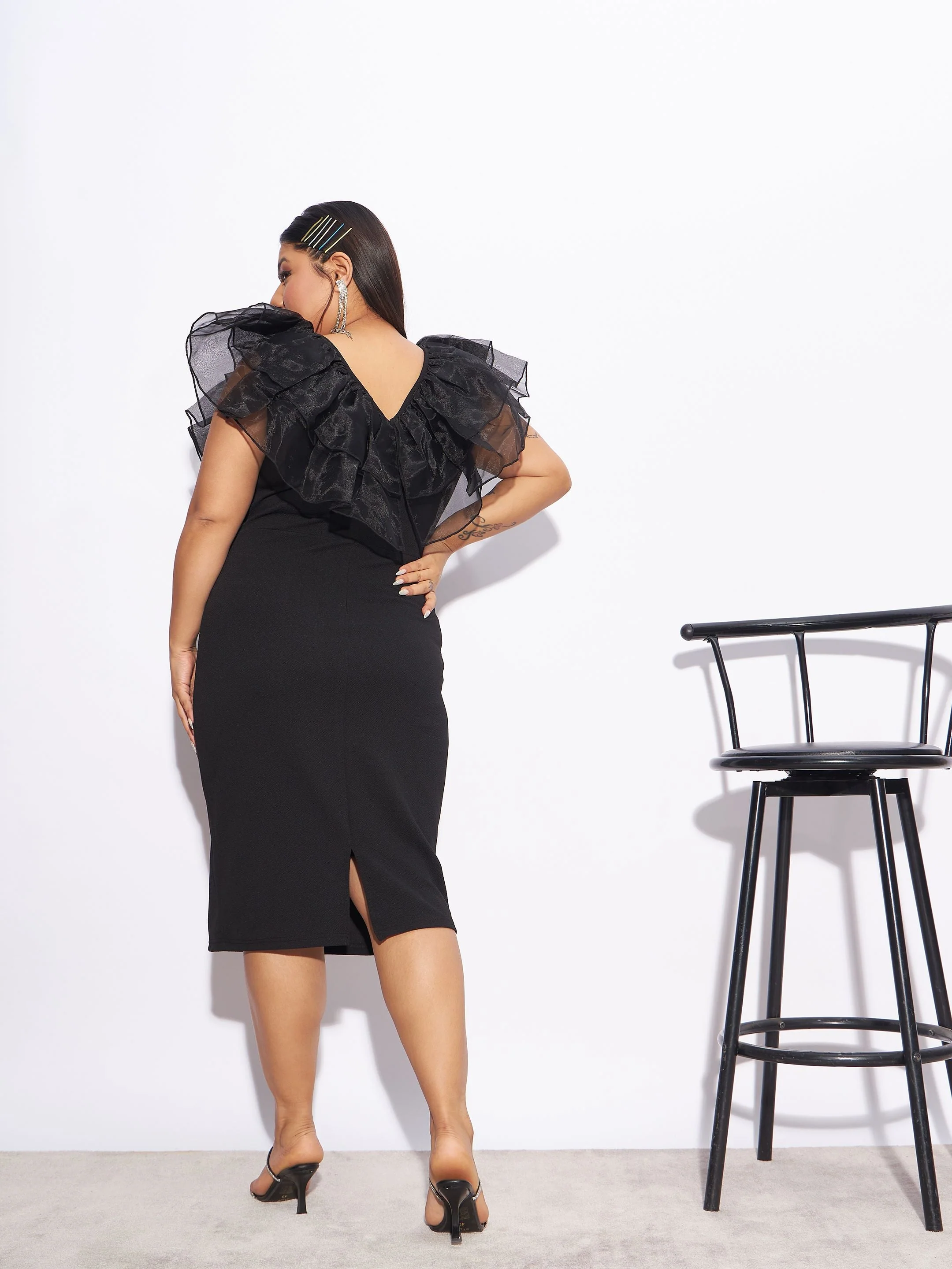 Women Black Organza Frill Detail Bodycon Dress - Image 5